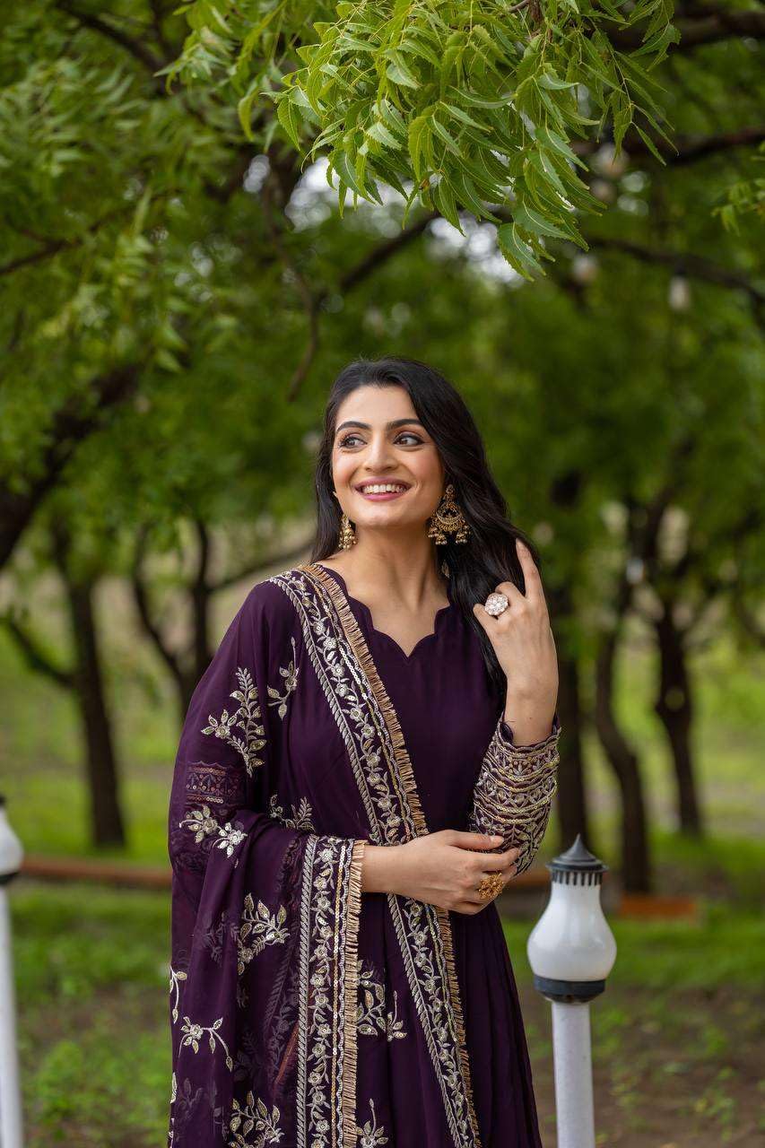 Maroon Anarkali Gown with Heavy Golden Embroidery & Dupatta | Designer Indian Pakistani Wedding Dress for Women (BLACKLUXE CRAFTS) - BLACKLUXECRAFTS