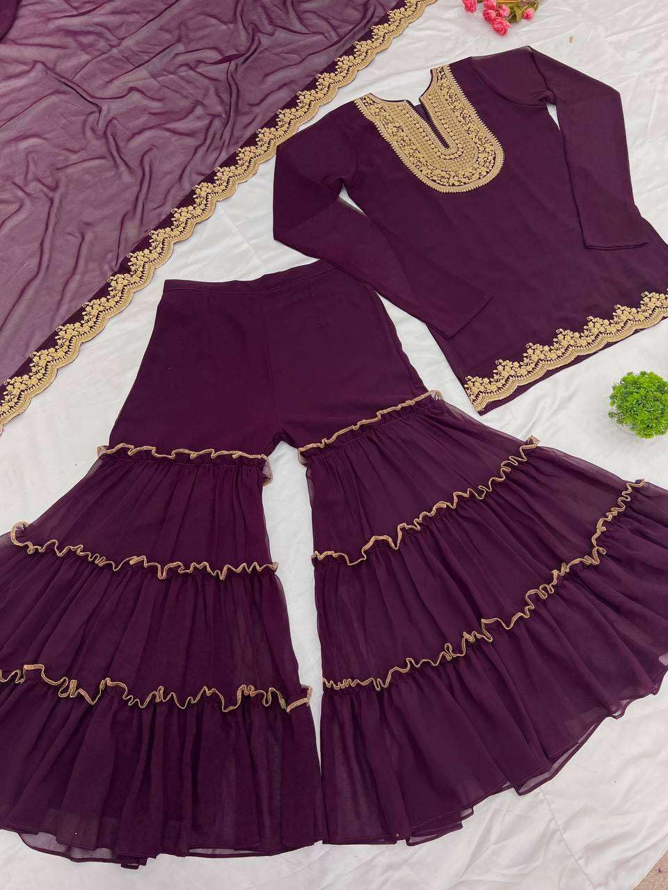 Women's Faux Georgette Embroidered Kurti With Plazzo and Dupatta Set (BLACKLUXE CRAFTS) - BLACKLUXECRAFTS