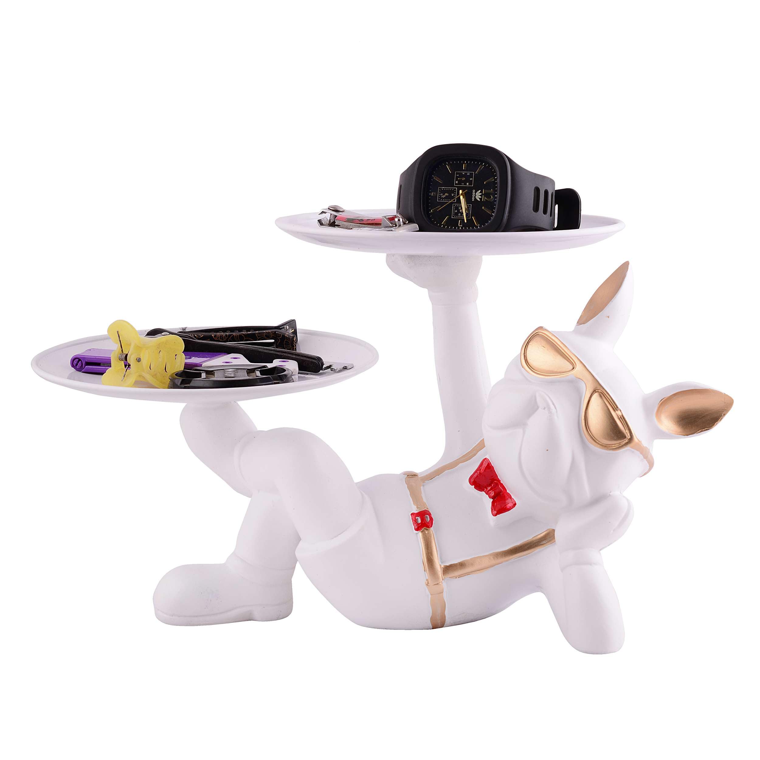 White Bulldog Butler Statue with Double Tray – Modern Resin Dog Figurine Organizer for Keys, Watches & Home Décor (BLACKLUXE CRAFTS) - BLACKLUXECRAFTS