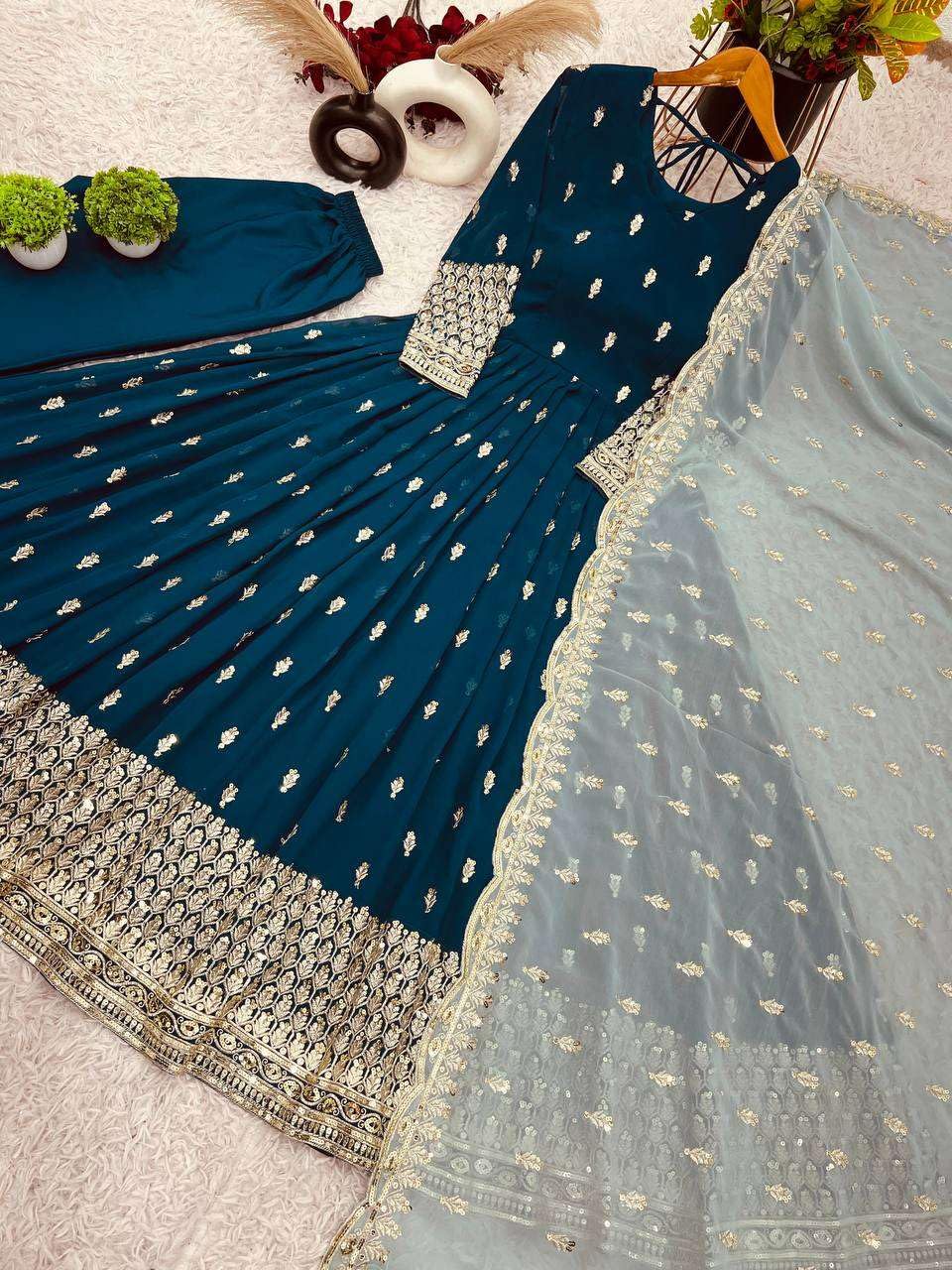 Navy Blue Anarkali Gown with Golden Embroidery & Sky Blue Dupatta | Party Wear Indian Dress for Women (BLACKLUXE CRAFTS) - BLACKLUXECRAFTS