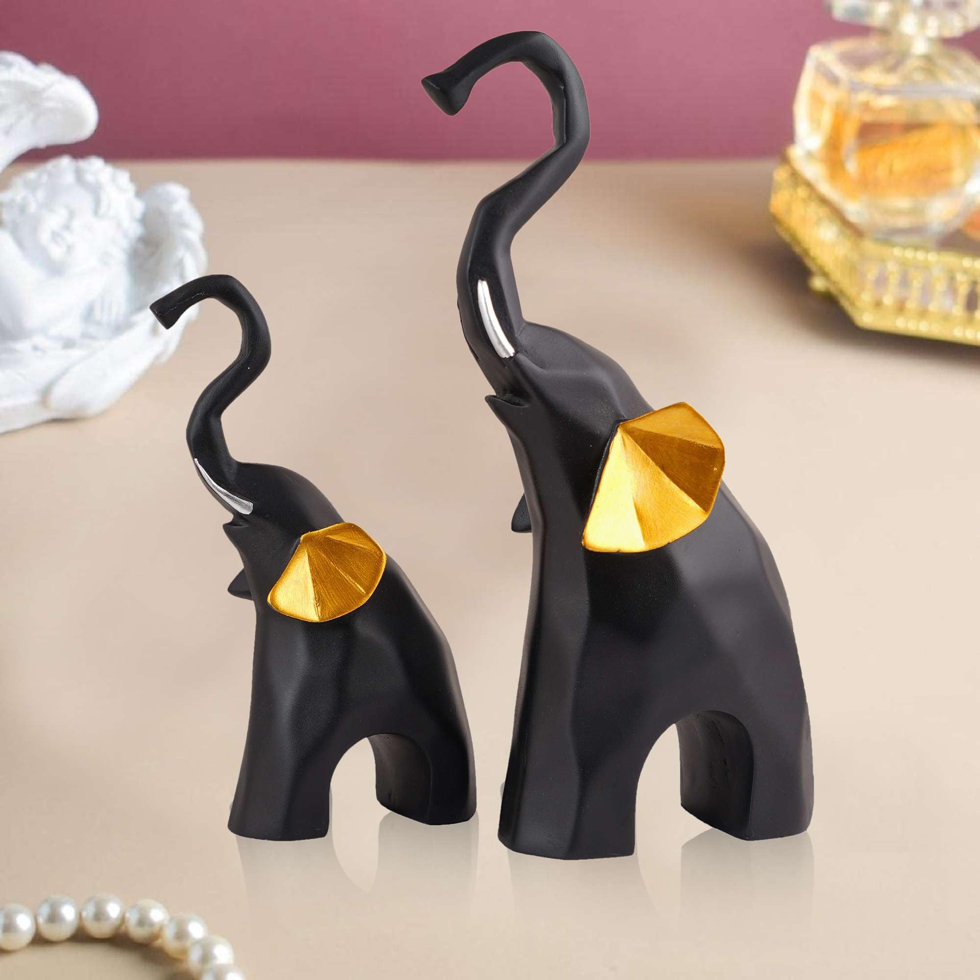 Modern Black & Gold Elephant Figurine Set – Handmade Resin Elephant Statues for Good Luck, Feng Shui & Home Décor (Set Of 2) (BLACKLUXE CRAFTS) - BLACKLUXECRAFTS