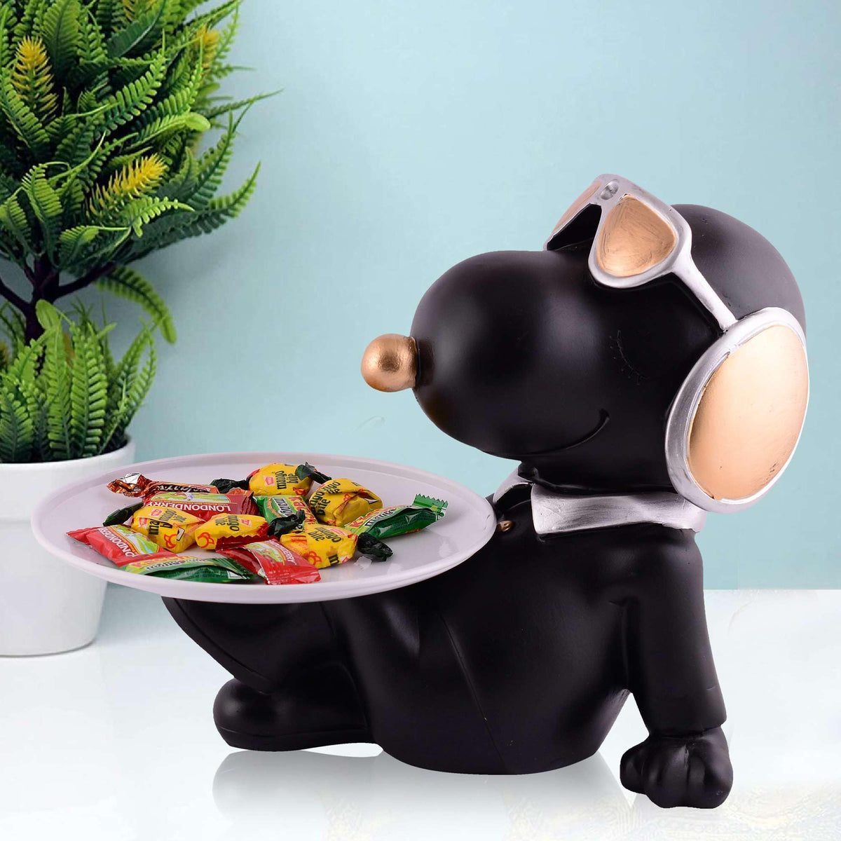 Black Dog Figurine with Tray – Handcrafted Resin Puppy Statue Candy & Snack Holder for Modern Home Décor (BLACKLUXE CRAFTS) - BLACKLUXECRAFTS