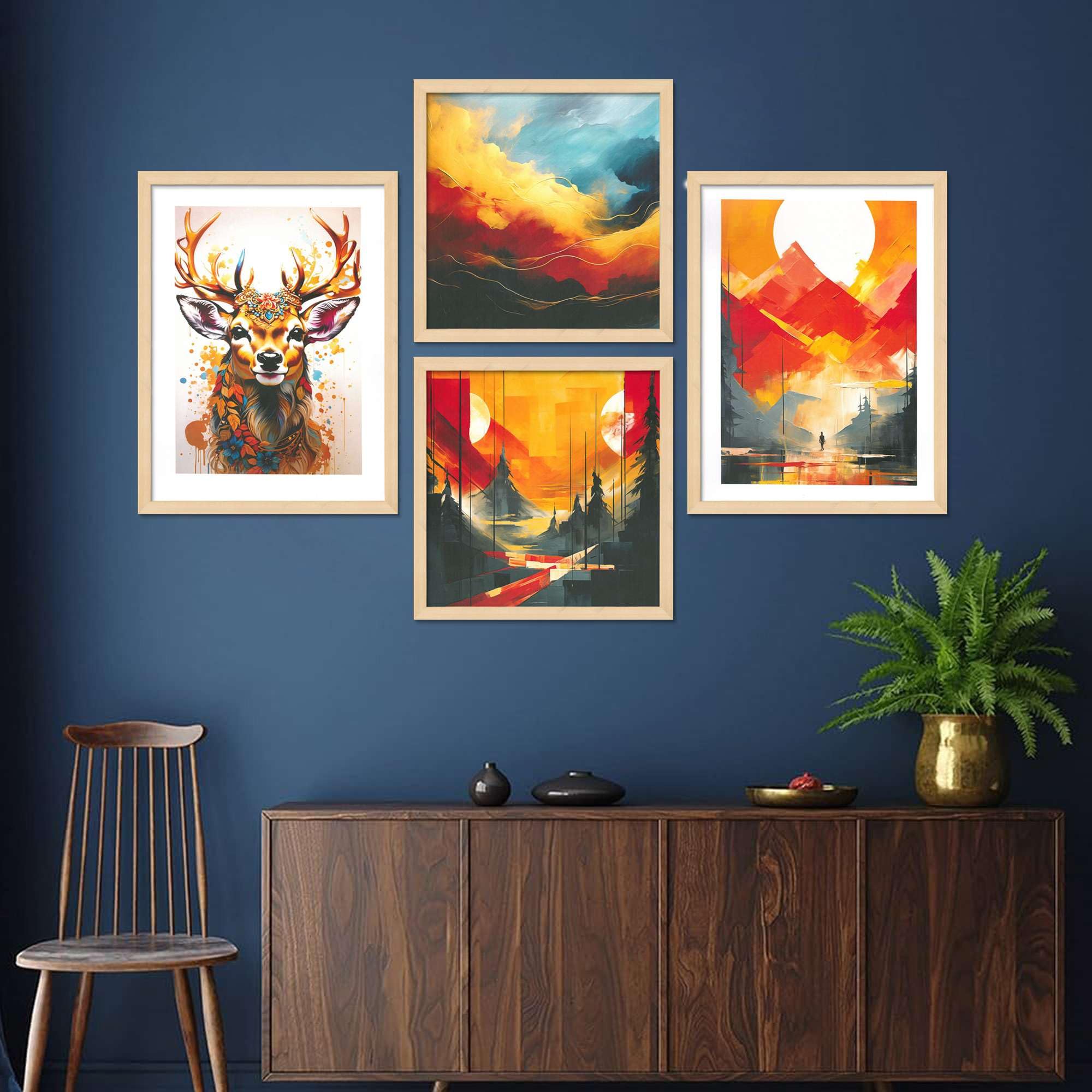 Deer & Mountain Sunset Wall Art Set – Abstract Nature Canvas Prints in Orange, Yellow & Blue | Modern Boho Home Décor for Living Room, Bedroom & Office | Handmade in India ( 36X24 Inches ) (BLACKLUXE CRAFTS) - BLACKLUXECRAFTS