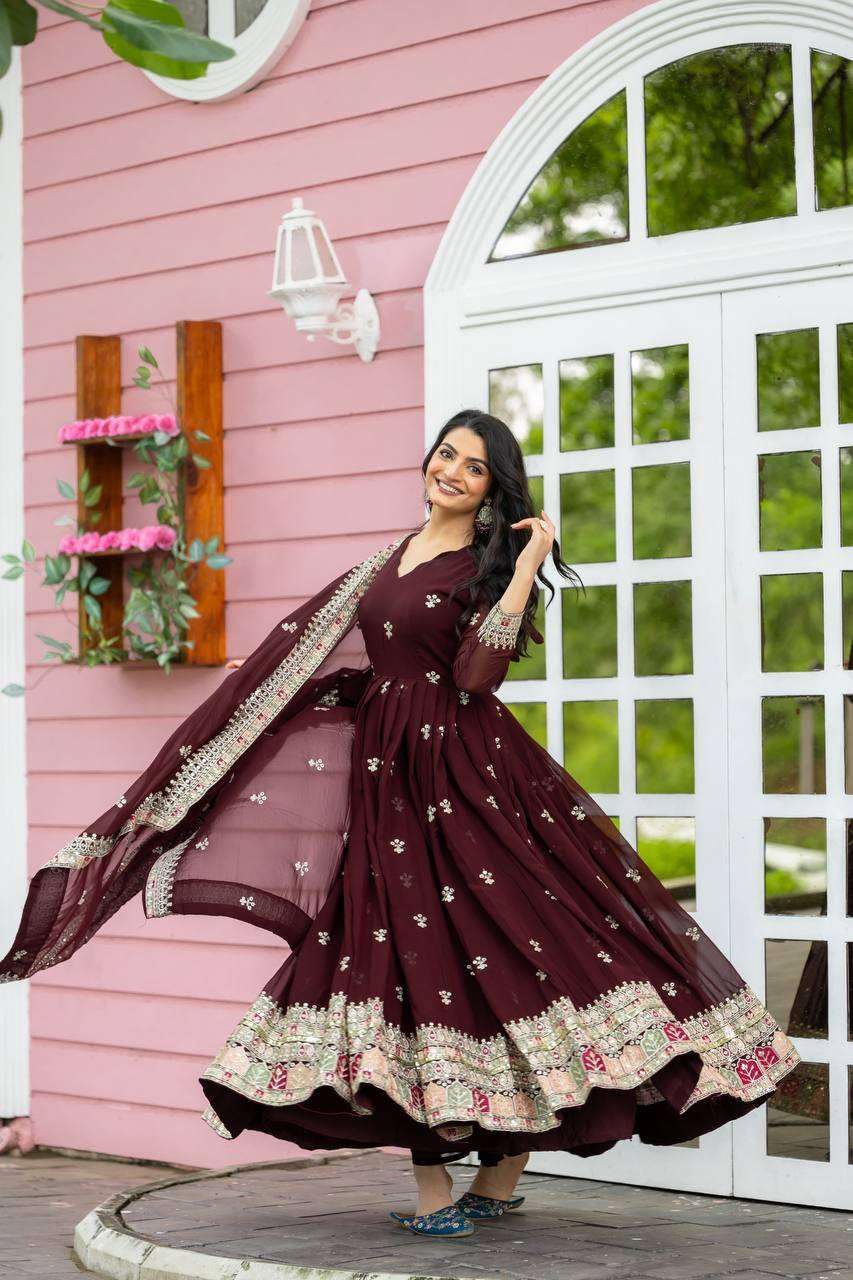 Maroon Anarkali Dress with Embroidered Dupatta | Indian Pakistani Party Wear Long Gown for Women (BLACKLUXE CRAFTS) - BLACKLUXECRAFTS