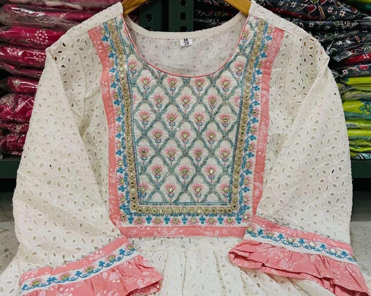Women's Cotton Embroidered Nayra Cut Kurti With Pant and Dupatta Set from (BLACKLUXE CRAFTS) - BLACKLUXECRAFTS