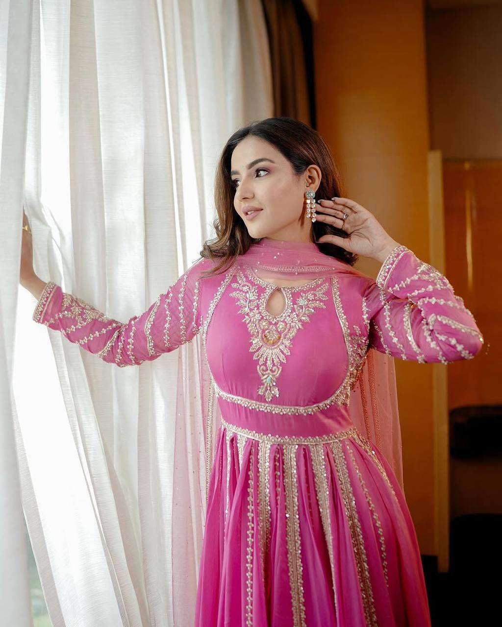 Women's Faux Georgette Embroidered Sequence Work Anarkali Kurti Gown with Net Dupatta (BLACKLUXE CRAFTS) - BLACKLUXECRAFTS