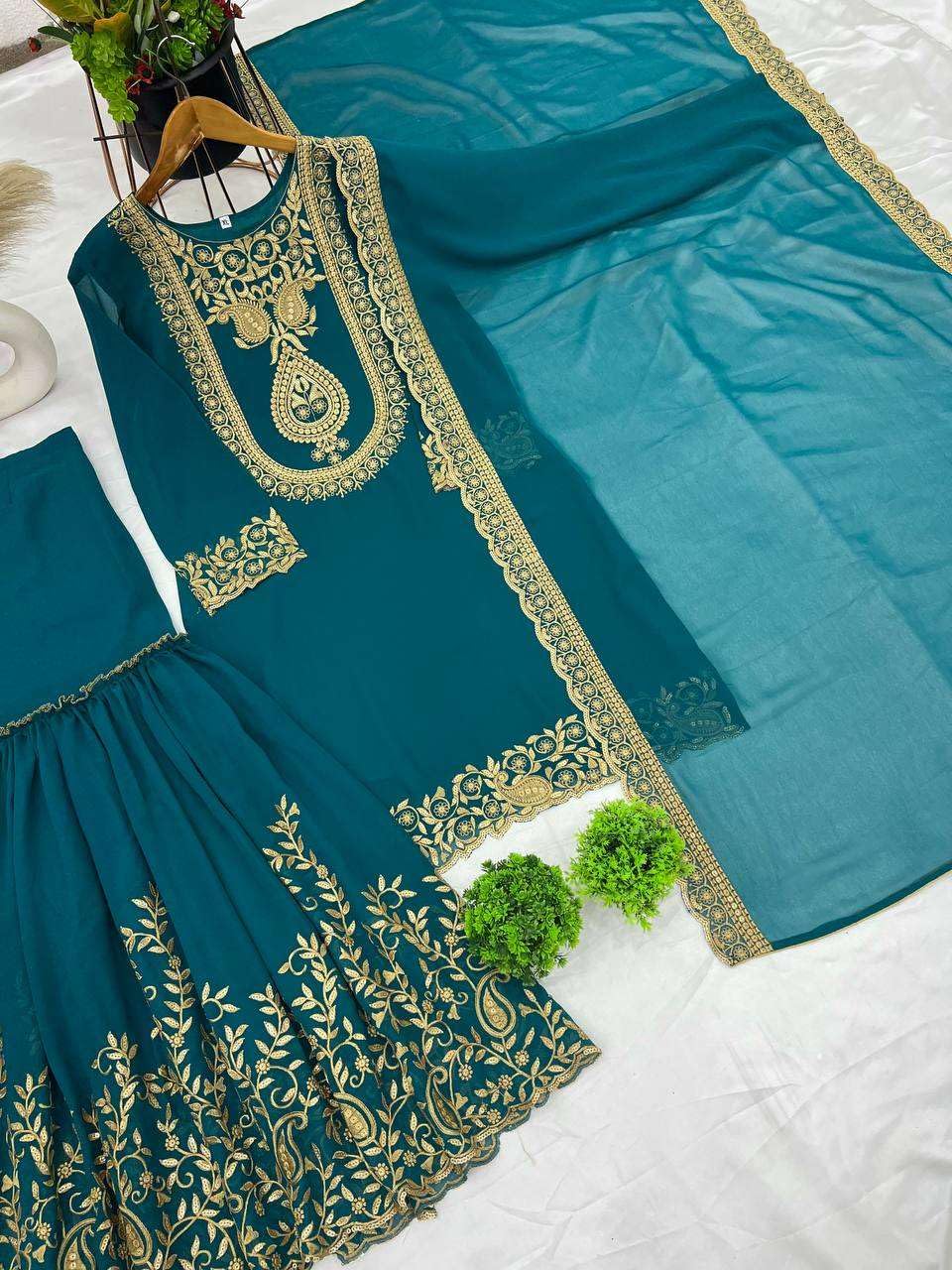 Women's Faux Georgette Ensemble with Embroidery & Sequence Work Kurti With Sharara and Dupatta Set (BLACKLUXE CRAFTS) - BLACKLUXECRAFTS