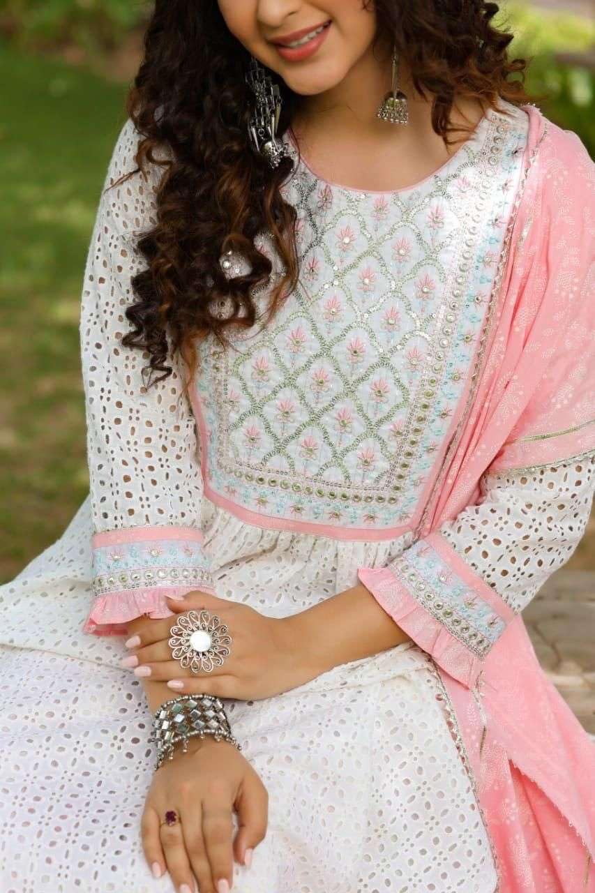 Women's Cotton Embroidered Nayra Cut Kurti With Pant and Dupatta Set from (BLACKLUXE CRAFTS) - BLACKLUXECRAFTS