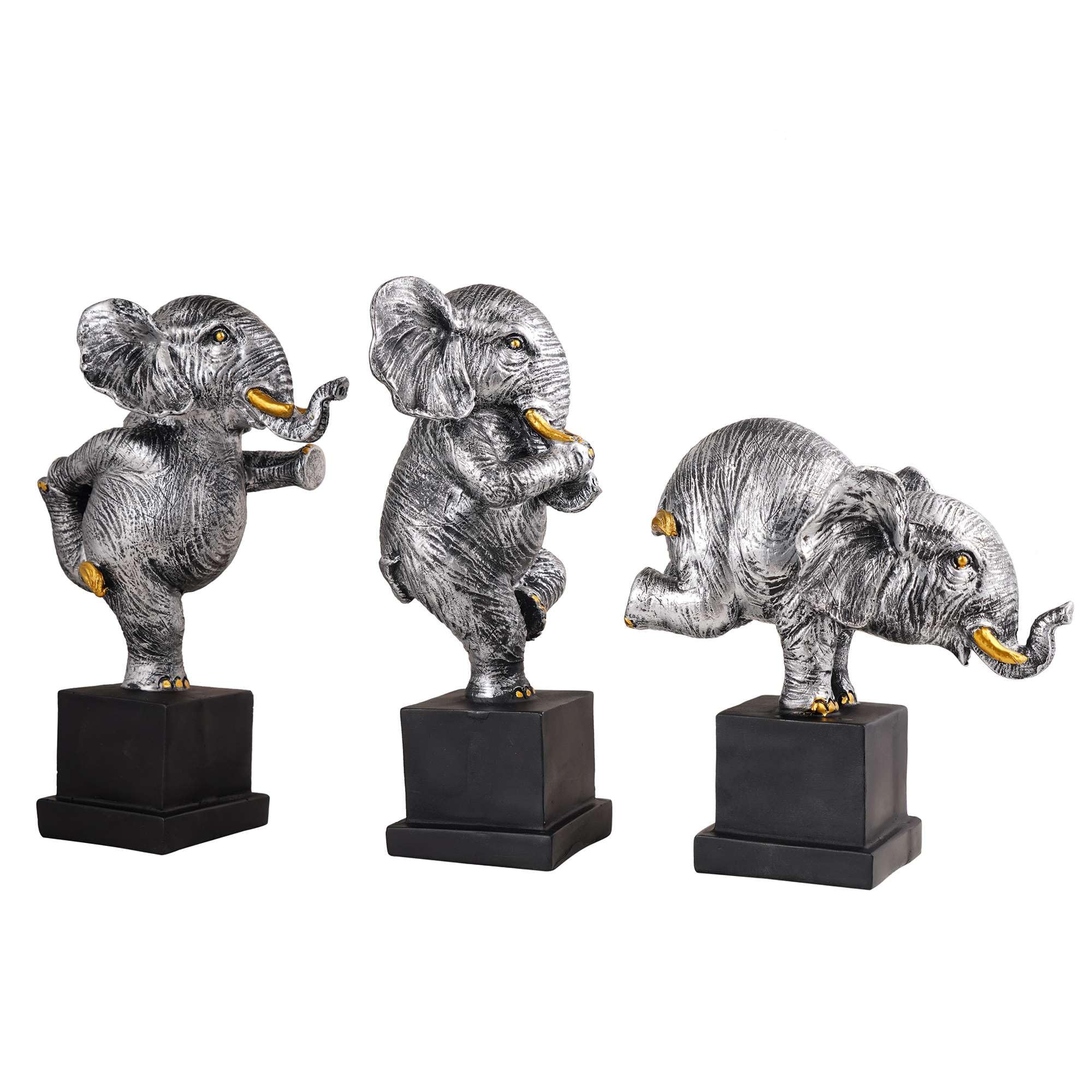 Silver Yoga Elephant Figurine Set – Handcrafted Resin Elephant Statues for Meditation, Luck & Modern Home Décor (Set Of 3) (BLACKLUXE CRAFTS) - BLACKLUXECRAFTS