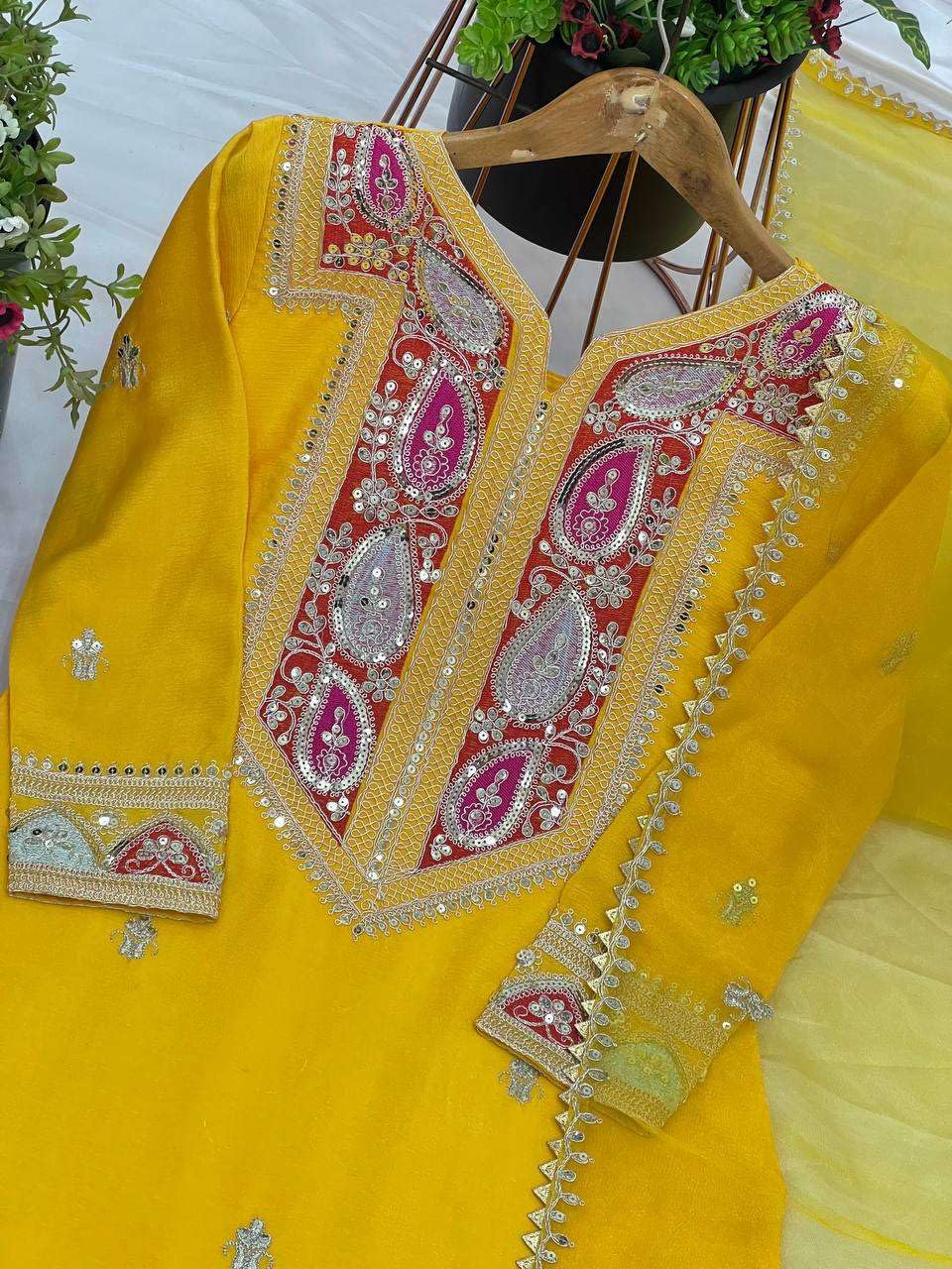 Mustard Yellow Silk Sharara Suit with Embroidered Neckline & Dupatta | Festive & Wedding Wear (BLACKLUXE CRAFTS) - BLACKLUXECRAFTS