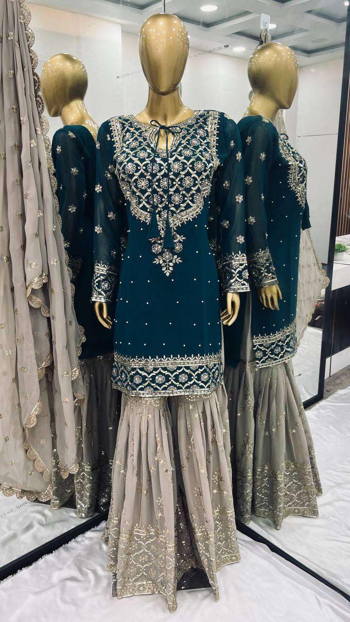 Teal Embroidered Sharara Suit with Dupatta | Designer Party Wear Outfit for Women | Traditional Indian Wedding & Festive Dress (BLACKLUXE CRAFTS) - BLACKLUXECRAFTS