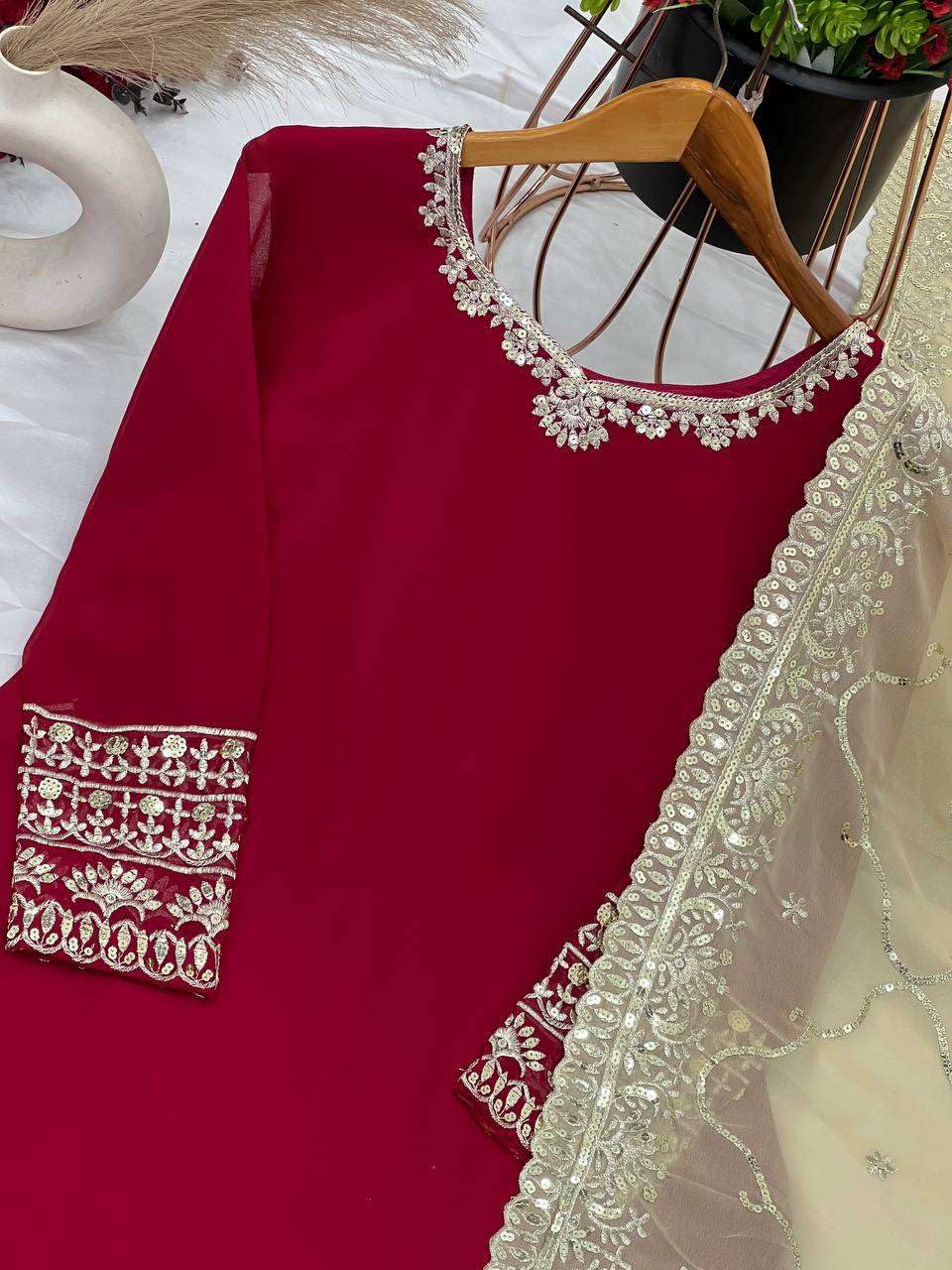Women's Faux Georgette Embroidered Straight Kurti With Sharara and Dupatta Set (BLACKLUXE CRAFTS) - BLACKLUXECRAFTS