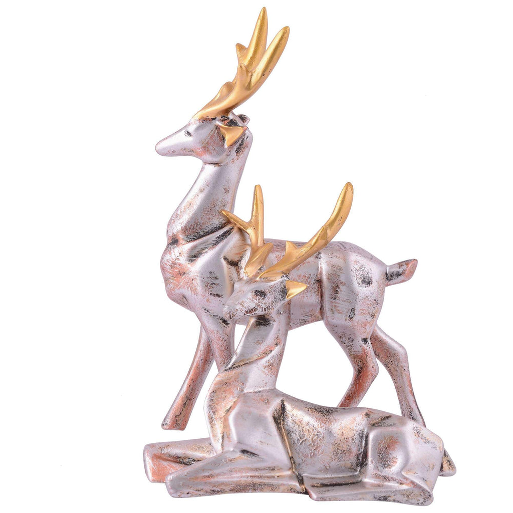 Silver Reindeer Couple Figurines with Golden Antlers – Modern Resin Deer Statues for Home Décor & Gifting (BLACKLUXE CRAFTS) - BLACKLUXECRAFTS