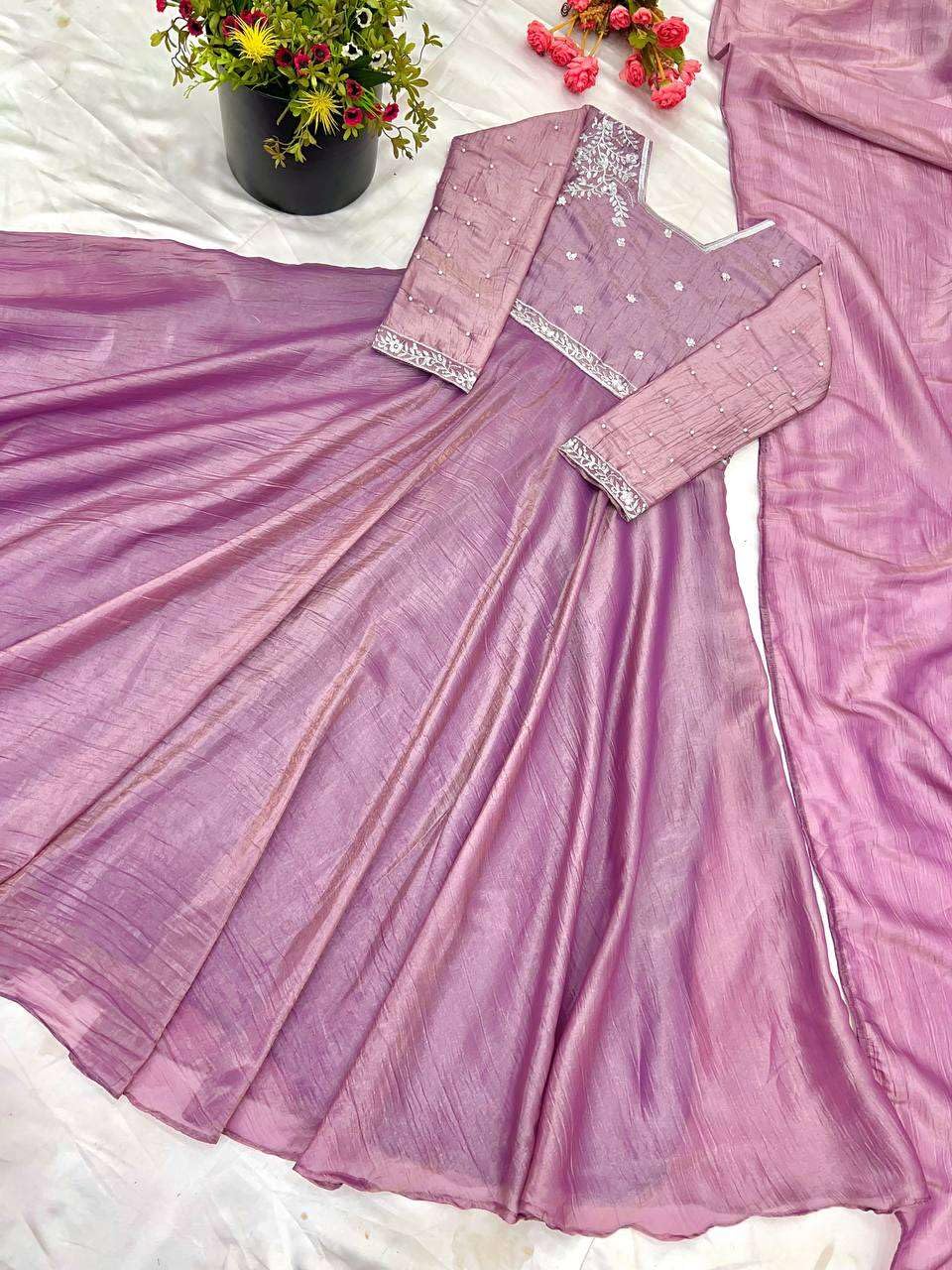 Lavender Anarkali Suit with Dupatta – Elegant Party Wear Long Flared Indian Dress for Women (BLACKLUXE CRAFTS) - BLACKLUXECRAFTS