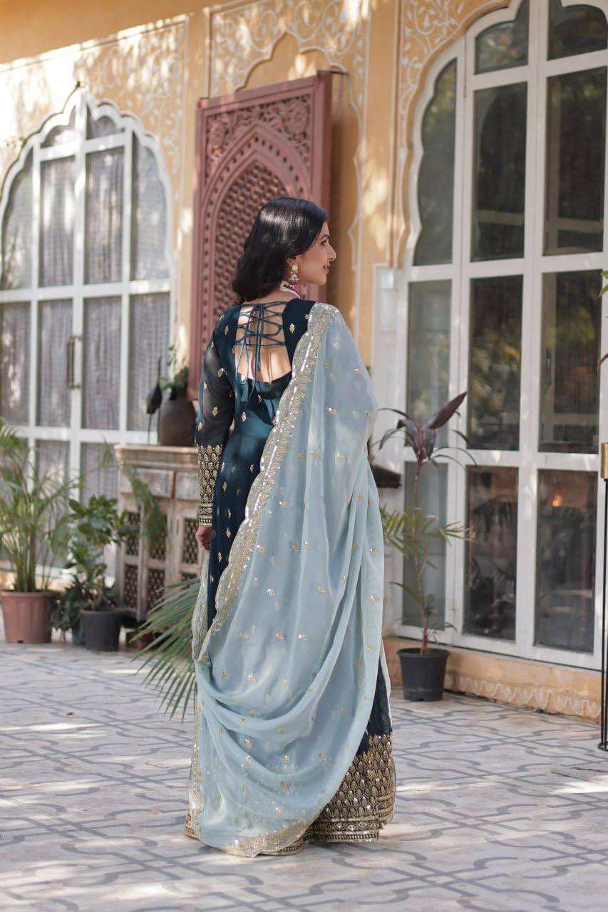 Navy Blue Anarkali Gown with Golden Embroidery & Sky Blue Dupatta | Party Wear Indian Dress for Women (BLACKLUXE CRAFTS) - BLACKLUXECRAFTS