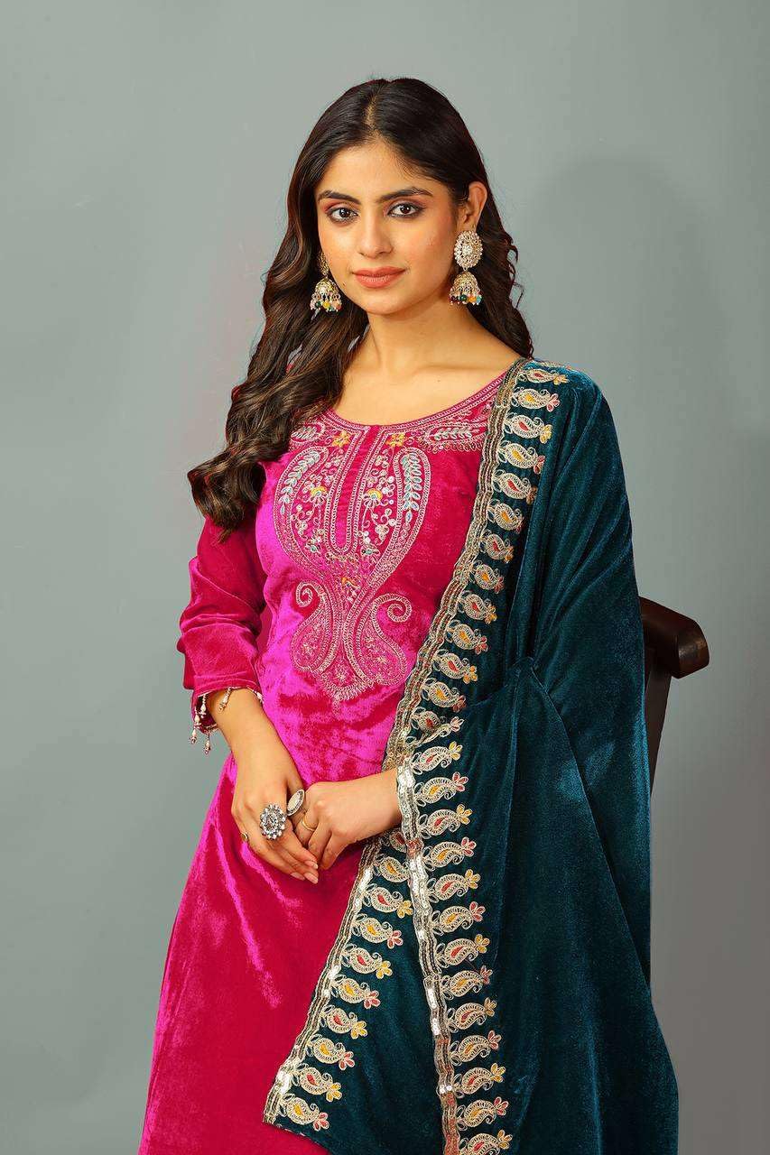 Velvet Embroidered Suit Set with Pink Dupatta – Designer Indian Wedding & Festive Wear Outfit (BLACKLUXE CRAFTS) - BLACKLUXECRAFTS