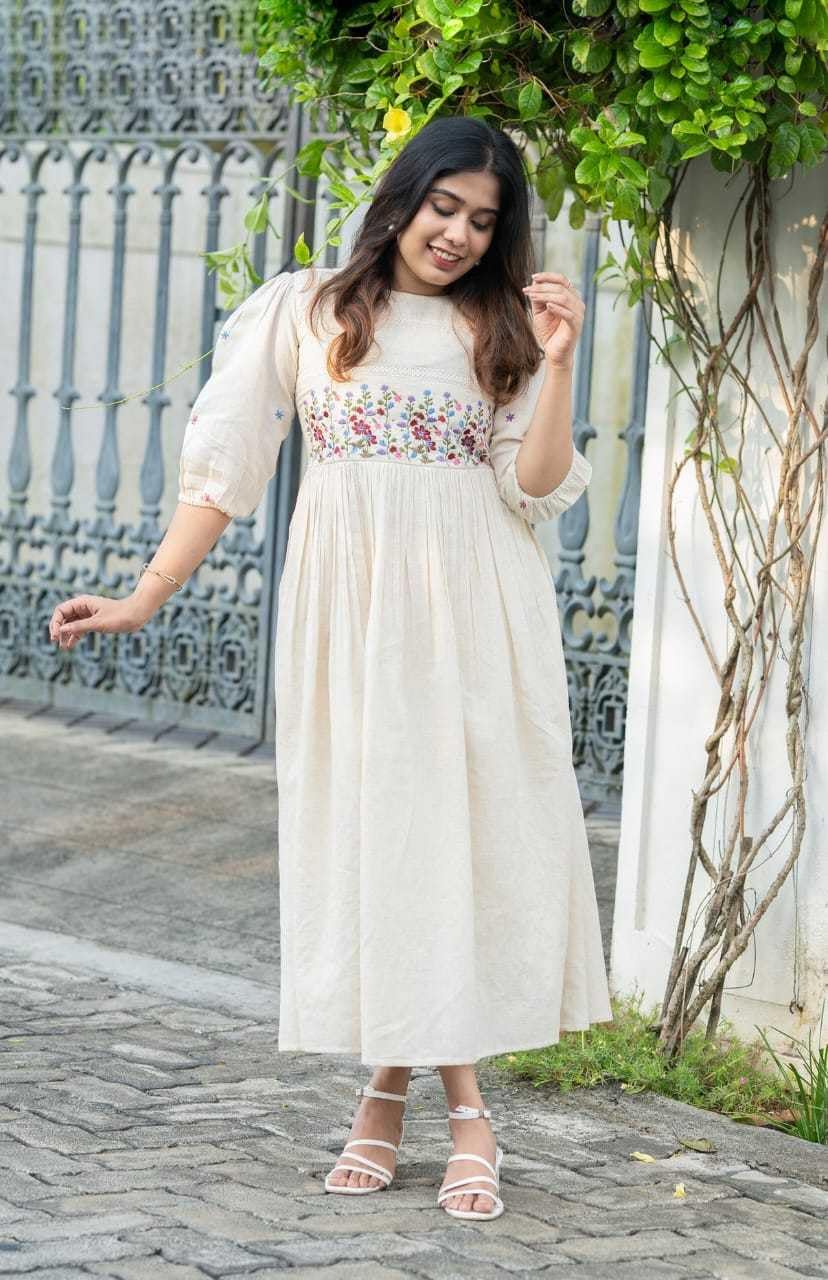Cream Cotton Embroidered Dress – Handcrafted Floral Boho Ethnic Wear for Women (BLACKLUXE CRAFTS) - BLACKLUXECRAFTS