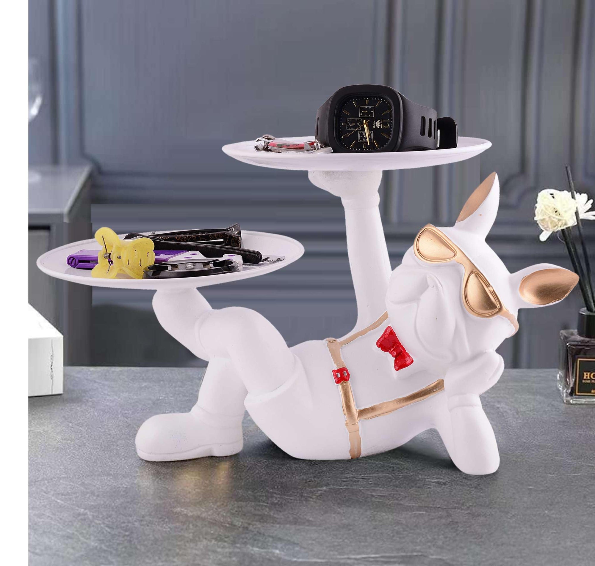 White Bulldog Butler Statue with Double Tray – Modern Resin Dog Figurine Organizer for Keys, Watches & Home Décor (BLACKLUXE CRAFTS) - BLACKLUXECRAFTS