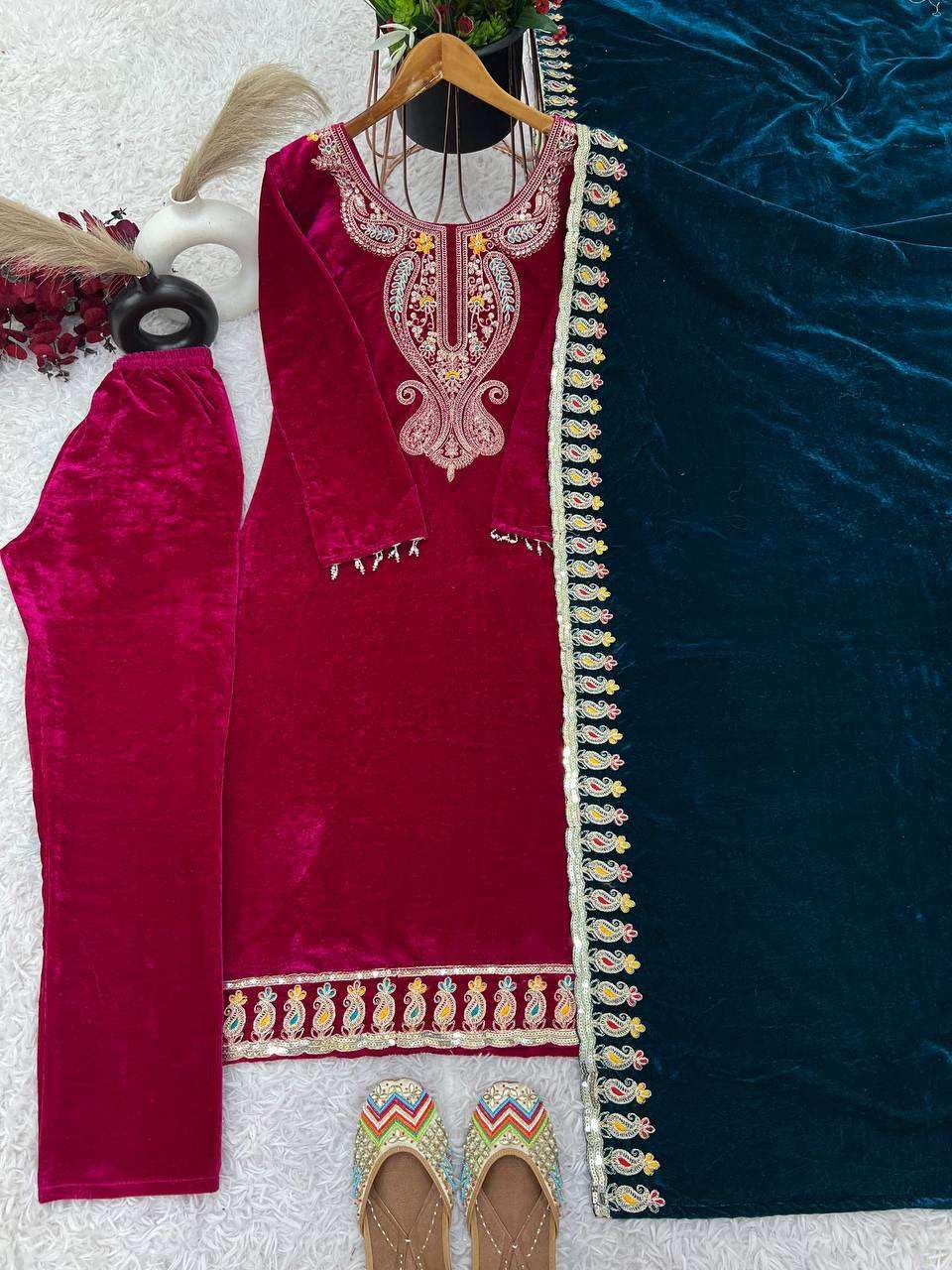 Velvet Embroidered Suit Set with Pink Dupatta – Designer Indian Wedding & Festive Wear Outfit (BLACKLUXE CRAFTS) - BLACKLUXECRAFTS