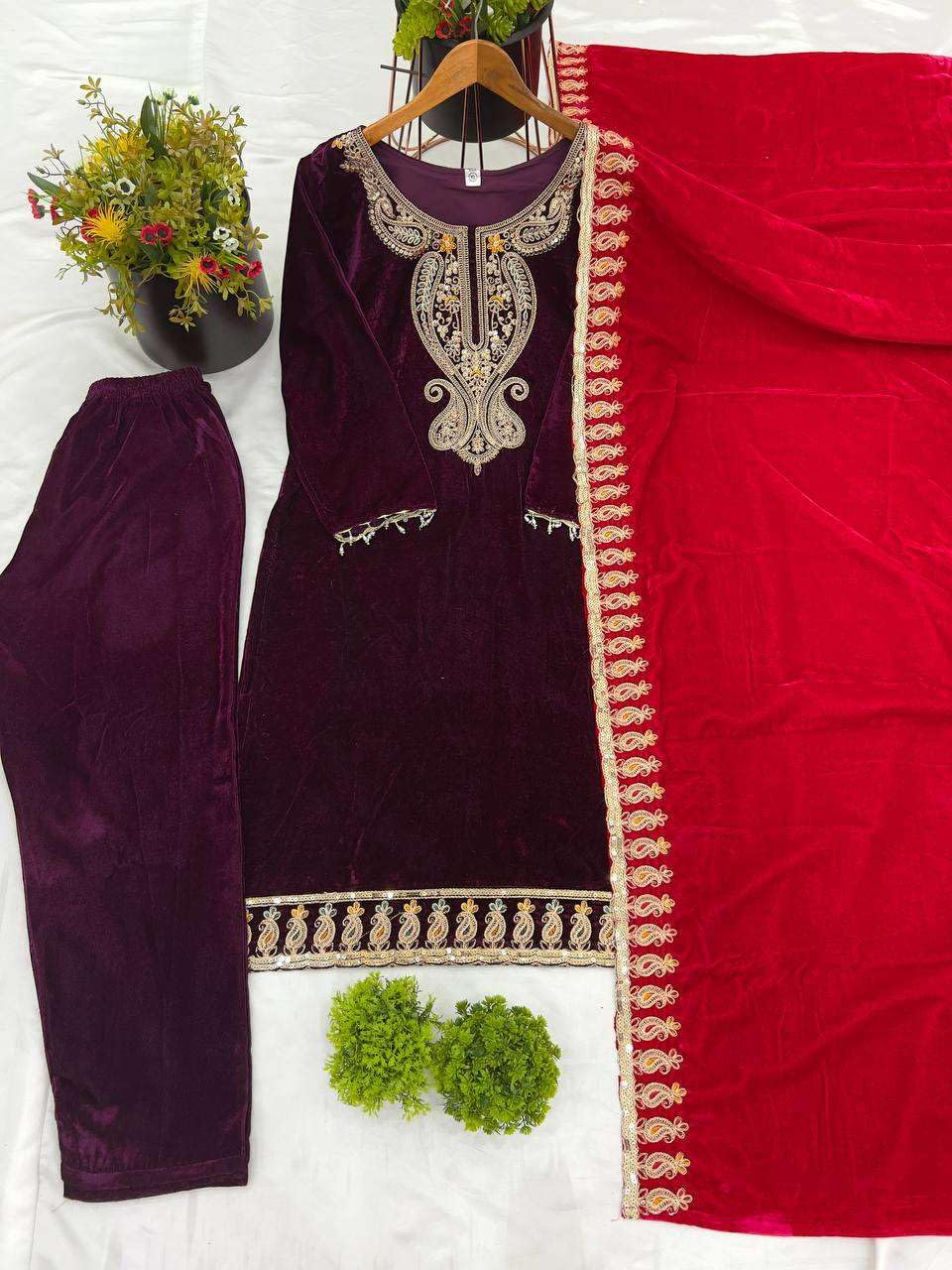 Velvet Embroidered Suit Set with Pink Dupatta – Designer Indian Wedding & Festive Wear Outfit (BLACKLUXE CRAFTS) - BLACKLUXECRAFTS