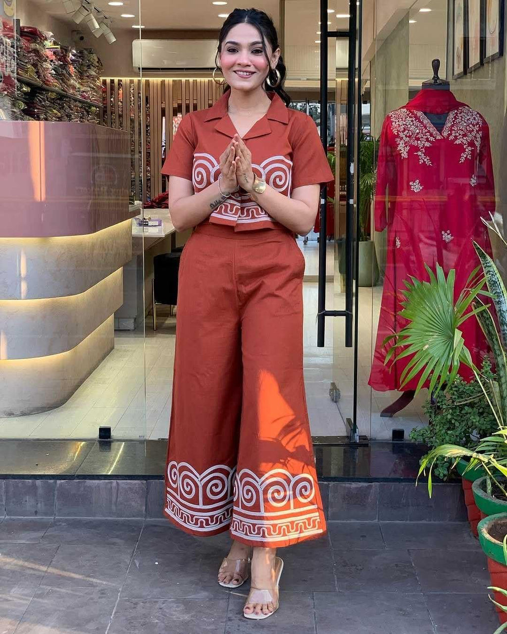 Women’s Cotton Co-Ord Set – Short Sleeve Shirt with Embroidery & Wide Leg Pants (BLACKLUXE CRAFTS) - BLACKLUXECRAFTS