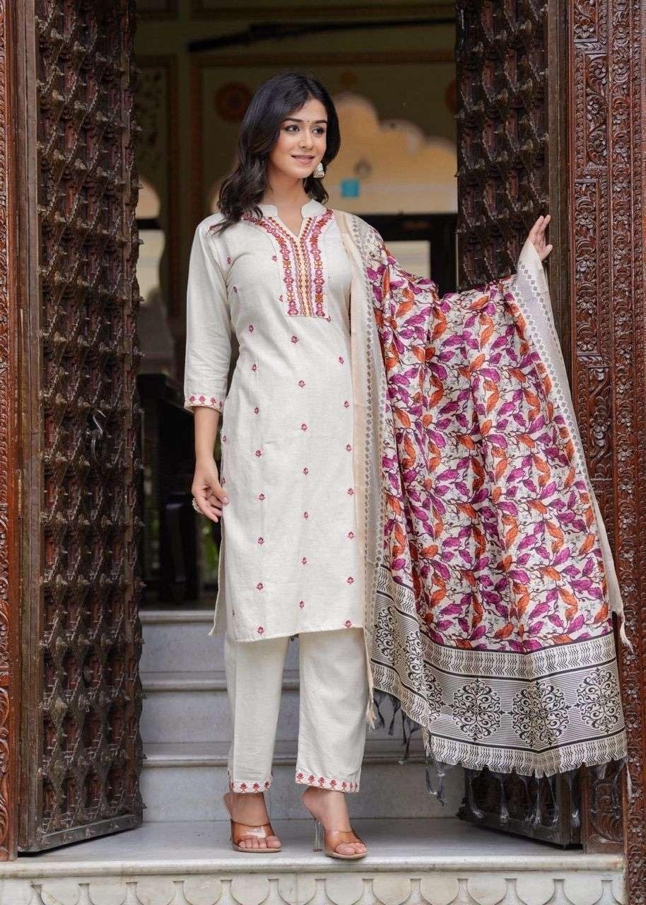 Women's Cotton Embroidered Straight Kurti With Pant and Dupatta Set (BLACKLUXE CRAFTS) - BLACKLUXECRAFTS