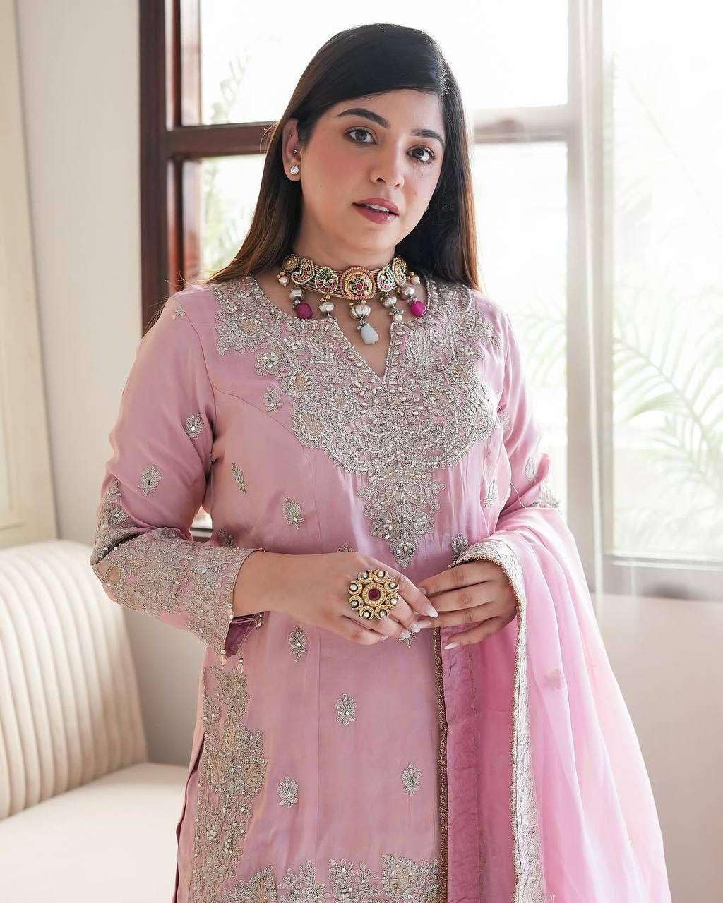 Women's Chinon Silk Embroidered Kurti With Sharara & Dupatta Set with Rivet Moti Work (BLACKLUXE CRAFTS) - BLACKLUXECRAFTS