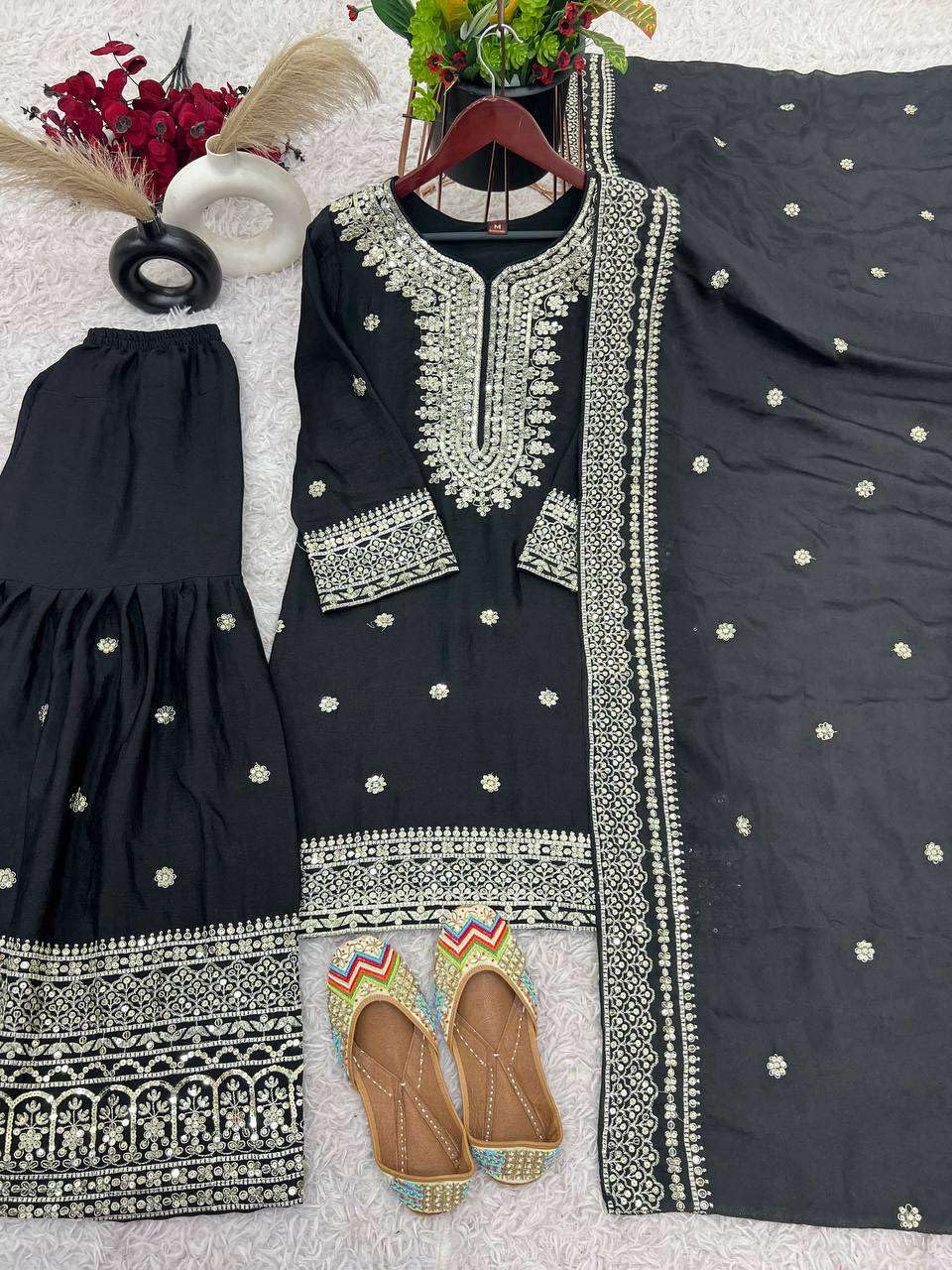Black Embroidered Sharara Suit with Dupatta | Designer Indian Ethnic Wear | Party & Wedding Outfit for Women (BLACKLUXE CRAFTS) - BLACKLUXECRAFTS