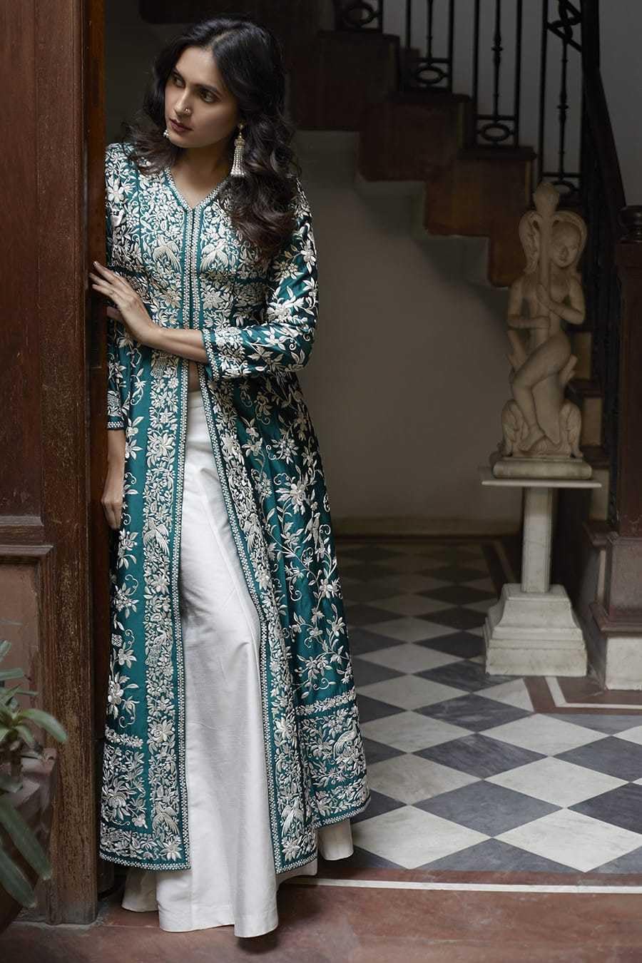 Embroidered Anarkali Gown – Floor-Length Ethnic Dress for Women with White Floral Threadwork (BLACKLUXE CRAFTS) - BLACKLUXECRAFTS