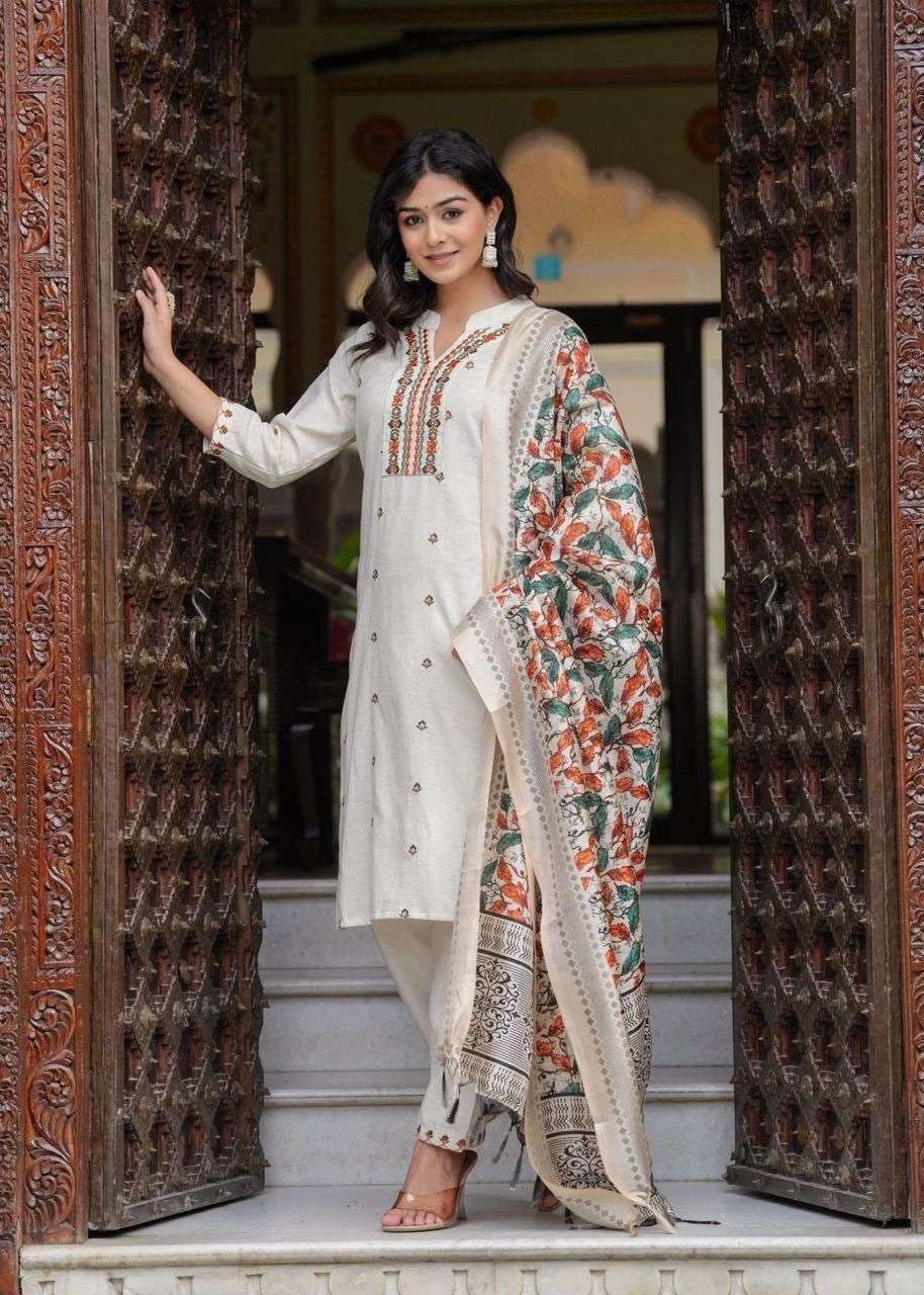 Women's Cotton Embroidered Straight Kurti With Pant and Dupatta Set (BLACKLUXE CRAFTS) - BLACKLUXECRAFTS