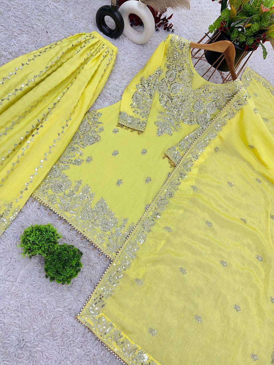 Women's Chinon Silk Embroidered Kurti With Sharara & Dupatta Set with Rivet Moti Work (BLACKLUXE CRAFTS) - BLACKLUXECRAFTS