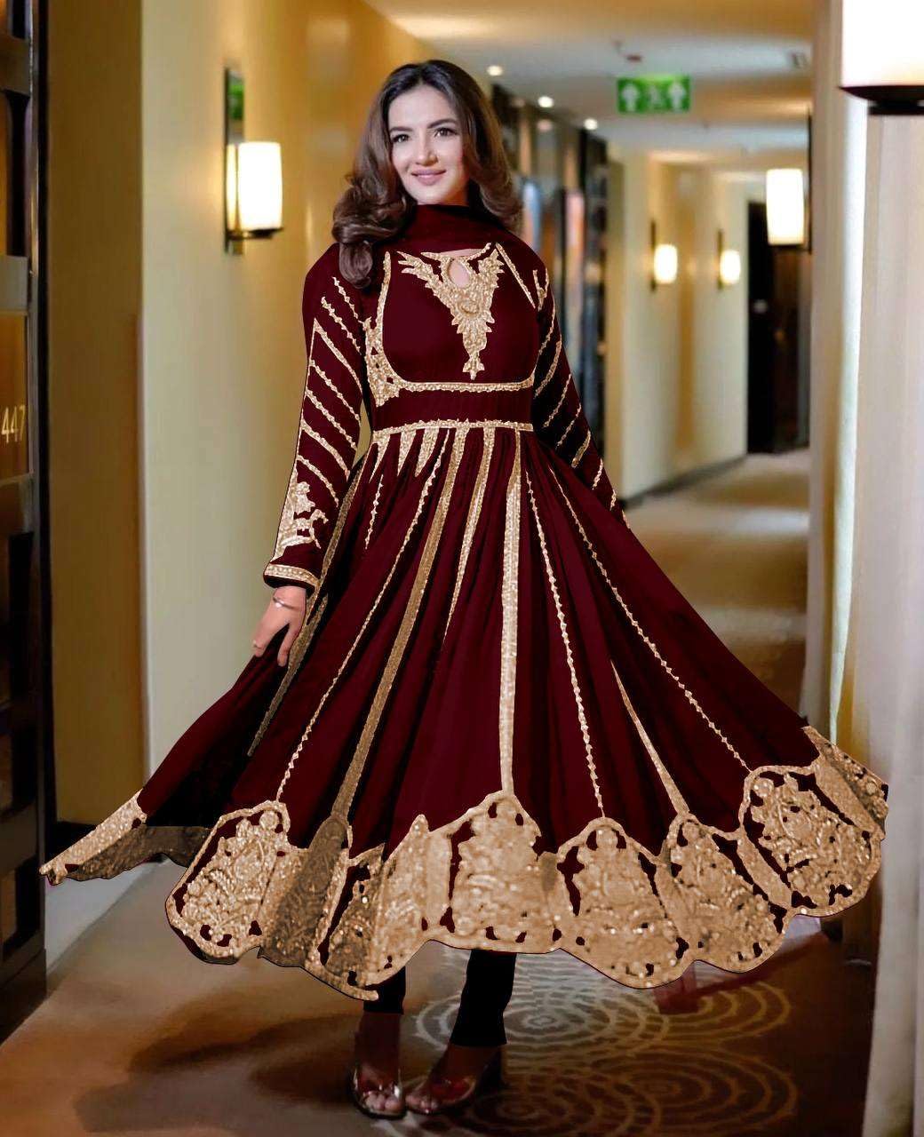 Women's Faux Georgette Embroidered Sequence Work Anarkali Kurti Gown with Net Dupatta (BLACKLUXE CRAFTS) - BLACKLUXECRAFTS