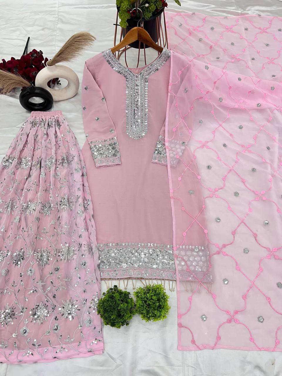 Women's Faux Georgette Embroidered Straight Short Kurta with Sharara & Dupatta Set (BLACKLUXE CRAFTS) - BLACKLUXECRAFTS
