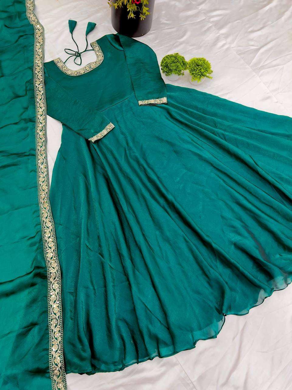 Women's Fandy Silk Embroidered Anarkali Kurti Gown With Dupatta Set (BLACKLUXE CRAFTS) - BLACKLUXECRAFTS