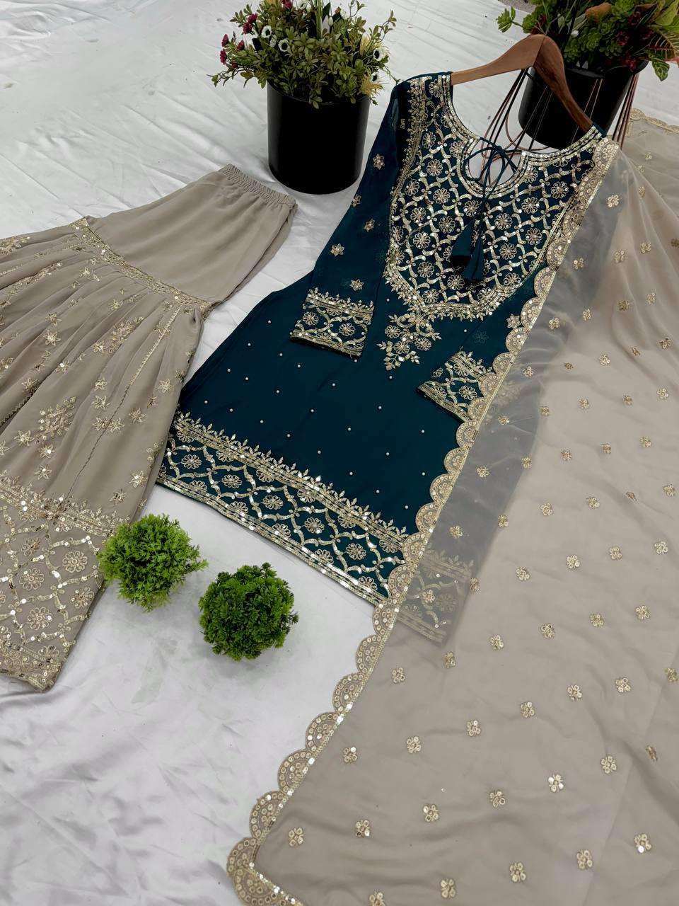 Teal Embroidered Sharara Suit with Dupatta | Designer Party Wear Outfit for Women | Traditional Indian Wedding & Festive Dress (BLACKLUXE CRAFTS) - BLACKLUXECRAFTS