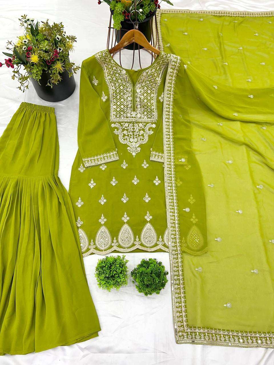 Women's Georgette Embroidered Kurti With Sharara & Dupatta Set (BLACKLUXE CRAFTS) - BLACKLUXECRAFTS