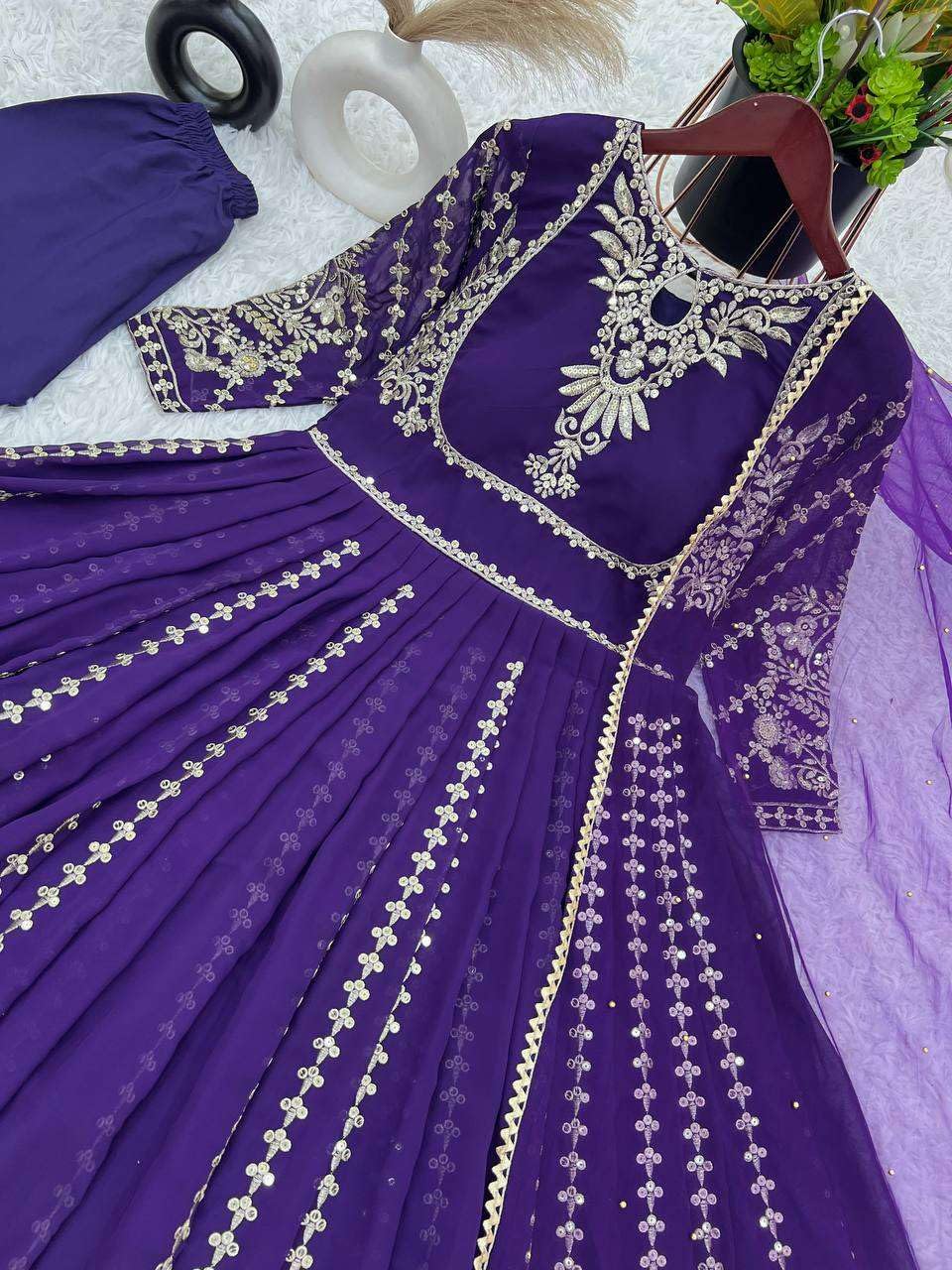 Women's Faux Georgette Embroidered Sequence Work Anarkali Kurti Gown with Net Dupatta (BLACKLUXE CRAFTS) - BLACKLUXECRAFTS