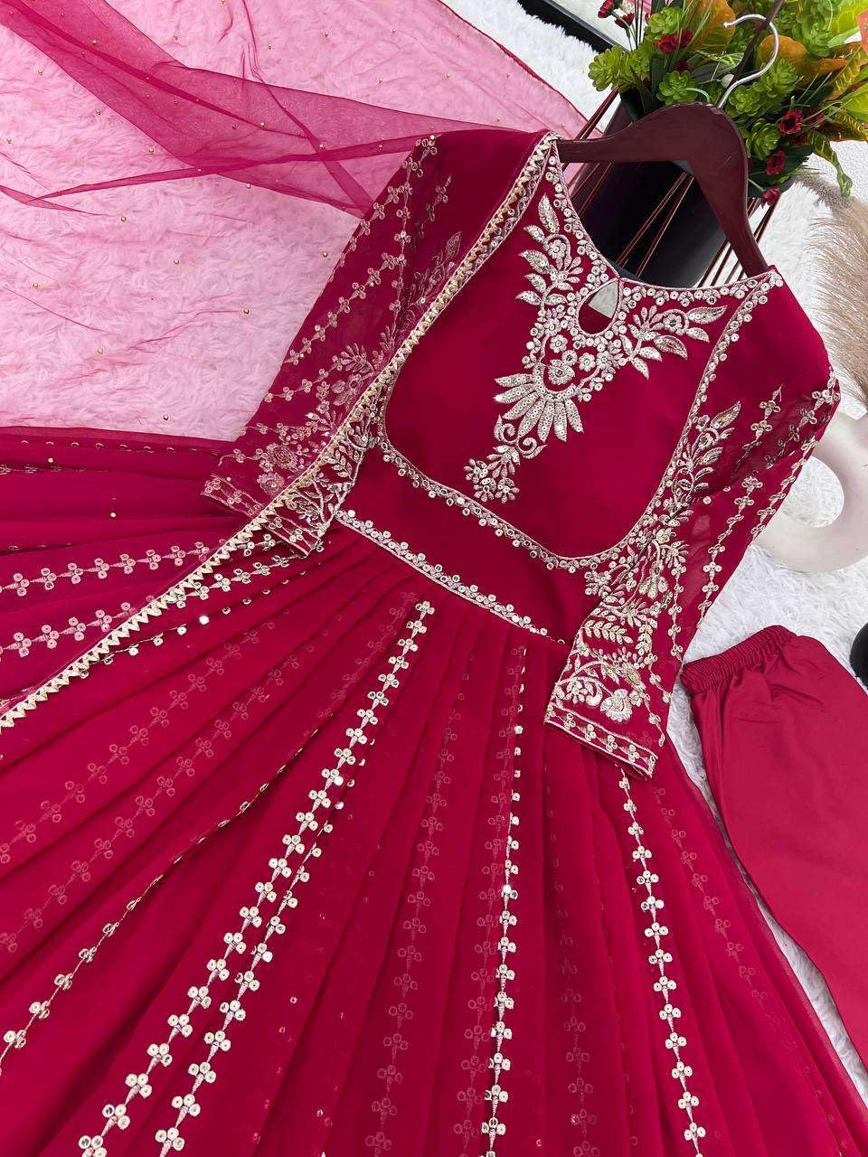 Women's Faux Georgette Embroidered Sequence Work Anarkali Kurti Gown with Net Dupatta (BLACKLUXE CRAFTS) - BLACKLUXECRAFTS
