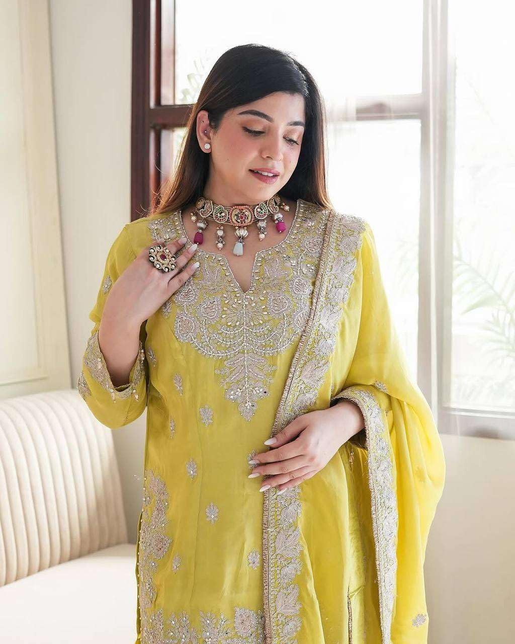 Women's Chinon Silk Embroidered Kurti With Sharara & Dupatta Set with Rivet Moti Work (BLACKLUXE CRAFTS) - BLACKLUXECRAFTS