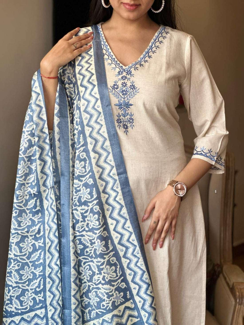 Elegant Cream Kurta Set with Blue Embroidery & Printed Dupatta | Women’s Ethnic Wear (BLACKLUXE CRAFTS) - BLACKLUXECRAFTS