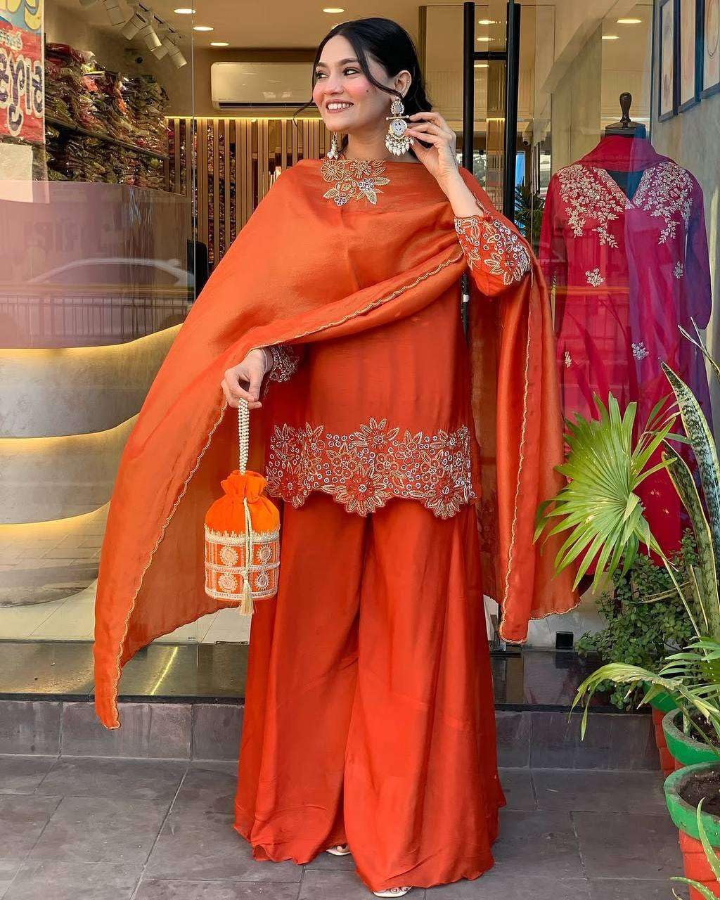 Women’s Georgette Embroidered Kurta with Plazzo and Dupatta Set (BLACKLUXE CRAFTS) - BLACKLUXECRAFTS