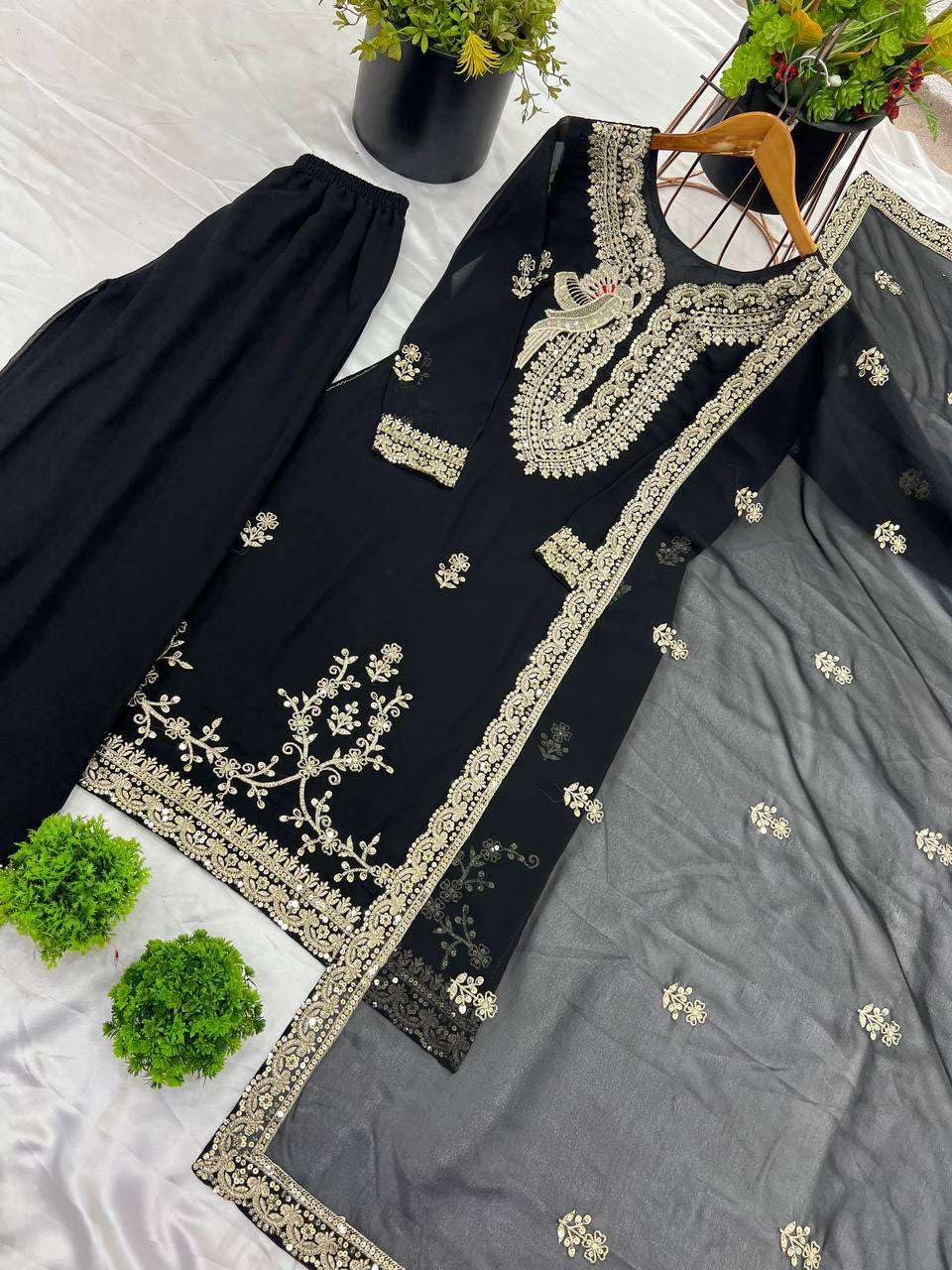 Women's Faux Georgette Embroidered Straight Kurti with Palazzo & Dupatta Set (BLACKLUXE CRAFTS) - BLACKLUXECRAFTS