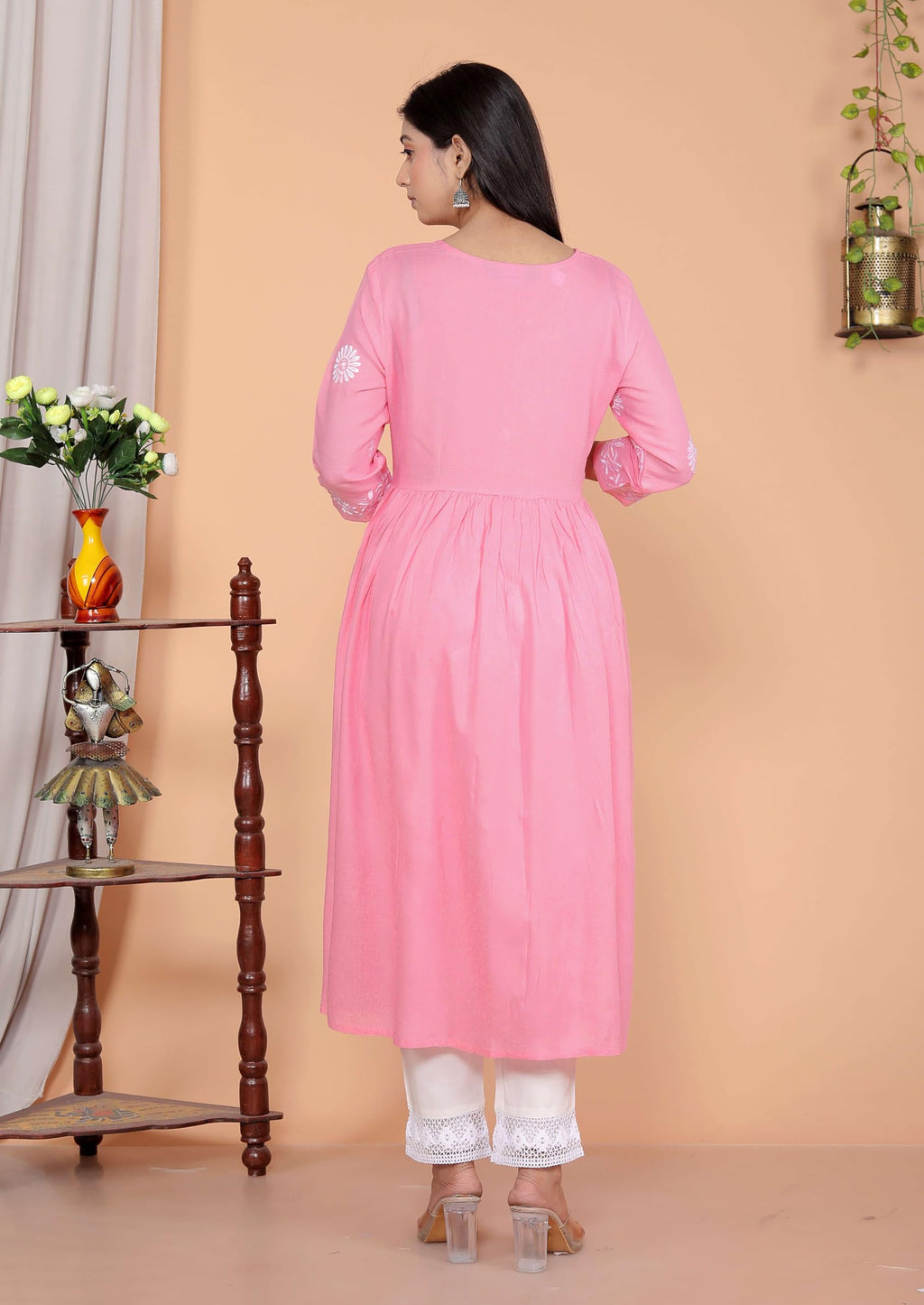Women's Rayon Embroidered vcut Collar Anarkali Kurti with Pant (Pink) (BLACKLUXE CRAFTS) - BLACKLUXECRAFTS