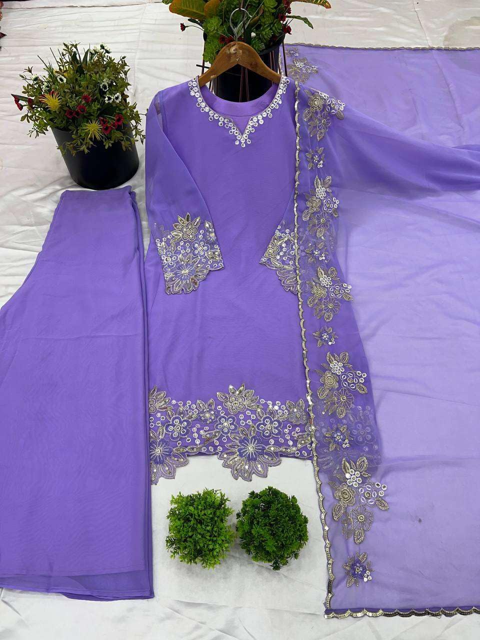 Women’s Georgette Embroidered Kurta with Plazzo and Dupatta Set (BLACKLUXE CRAFTS) - BLACKLUXECRAFTS