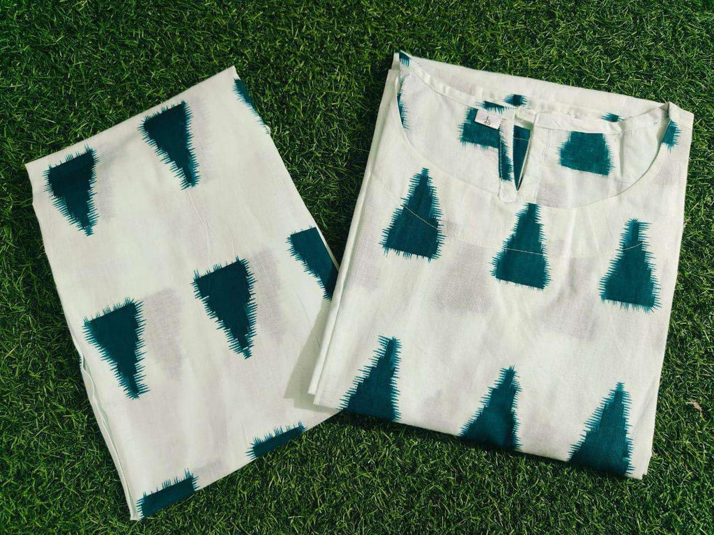 Women’s White Cotton Kurta Set with Green Print – Sleeveless Summer Ethnic Wear with Pants (BLACKLUXE CRAFTS) - BLACKLUXECRAFTS