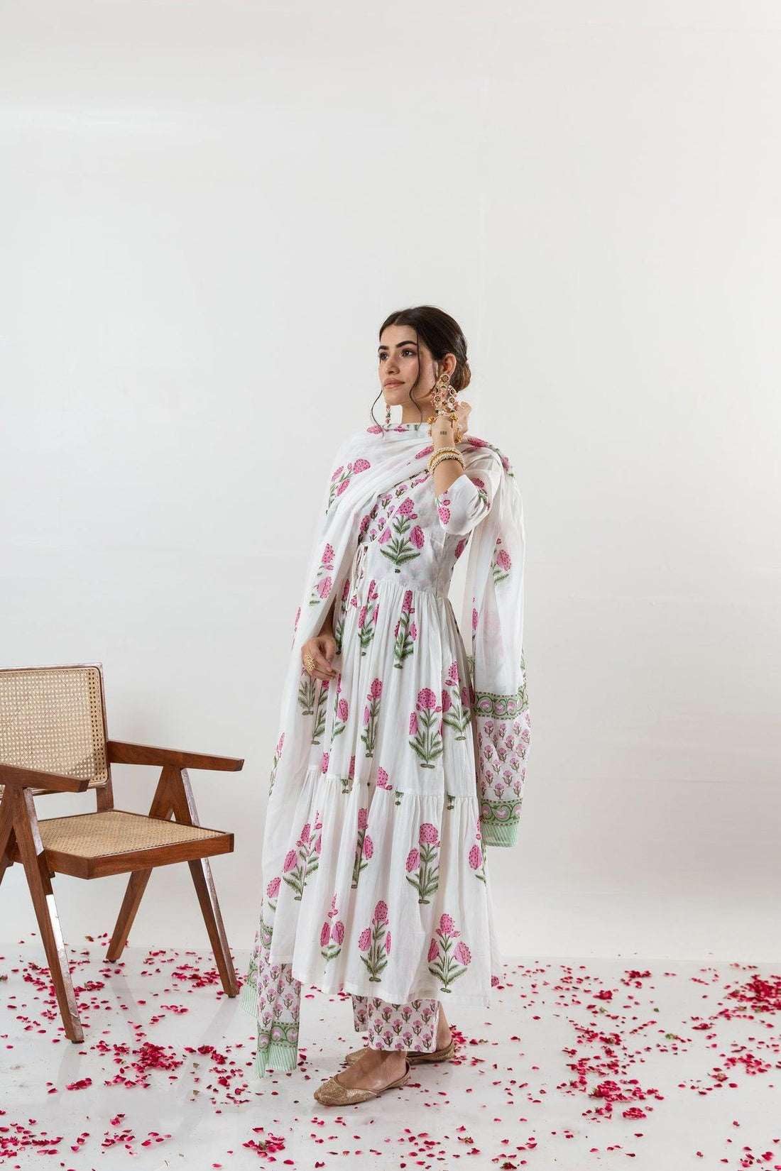 Women's Cotton Floral Printed Long Anarkali Kurti with Pant and Dupatta - BLACKLUXECRAFTS
