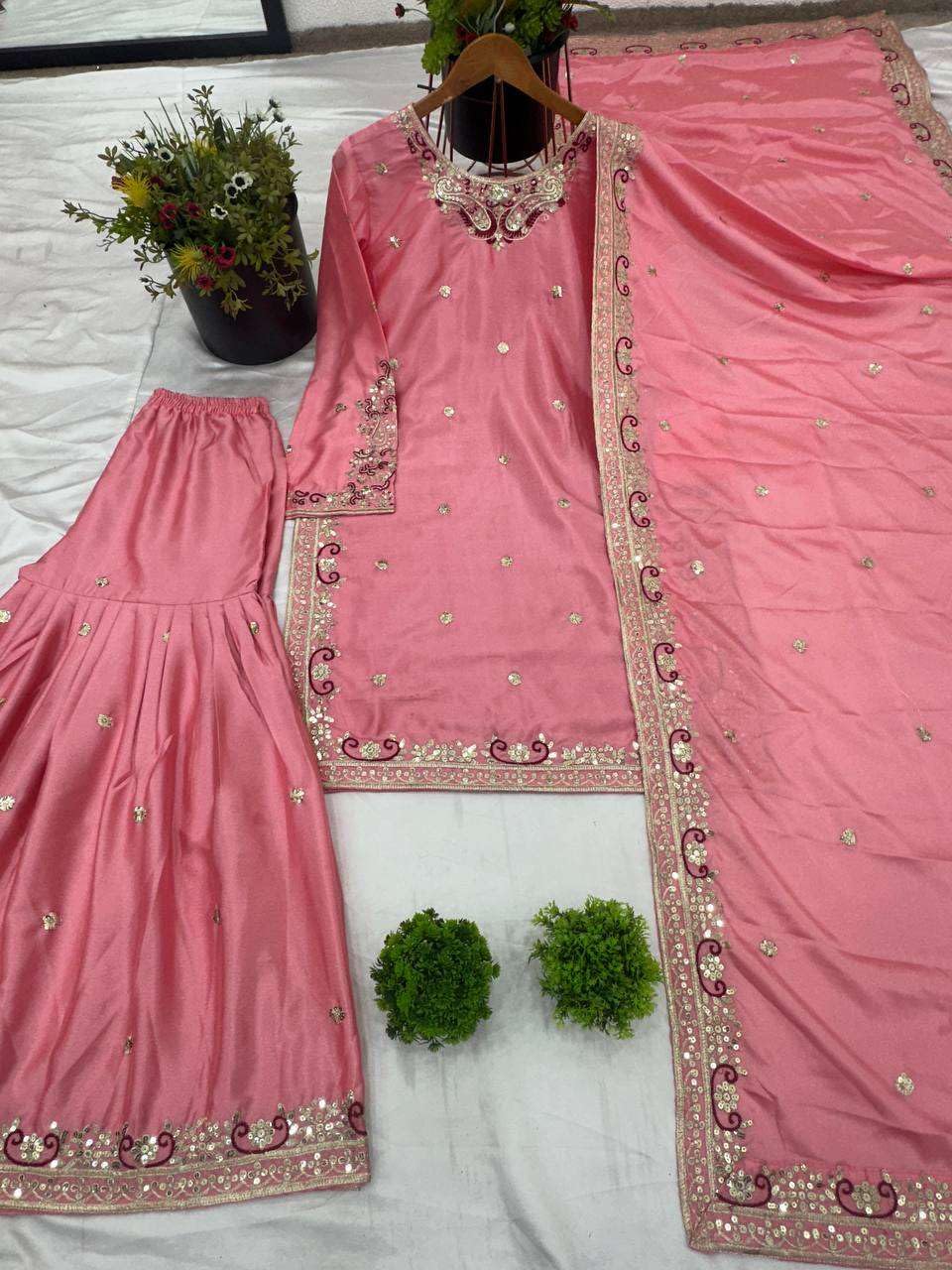 Pink Embroidered Sharara Suit with Heavy Dupatta | Party & Wedding Wear Indian Ethnic Outfit (BLACKLUXE CRAFTS) - BLACKLUXECRAFTS