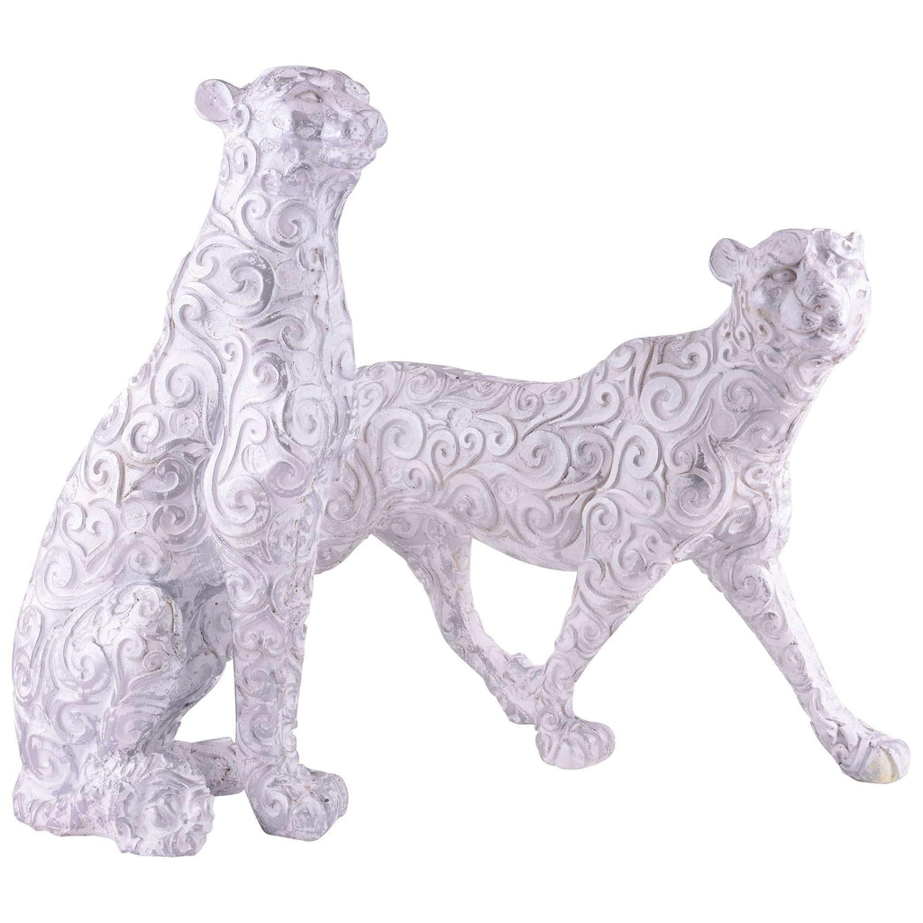 Handmade White Leopard Figurines Set – Elegant Resin Cheetah Statues with Carved Patterns for Luxury Home Décor Set Of Two (BLACKLUXE CRAFTS) - BLACKLUXECRAFTS