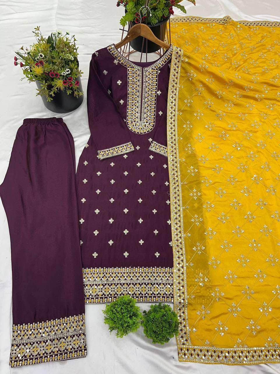 Women's Chinnon Silk Embroidered Straight Kurti with Pant & Dupatta Set (BLACKLUXE CRAFTS) - BLACKLUXECRAFTS