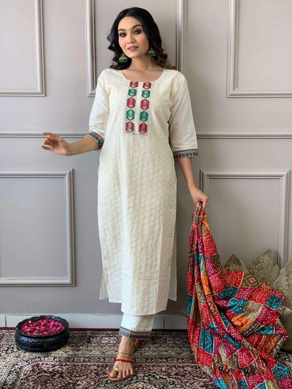 White Cotton Kurta Set with Multicolor Bandhani Dupatta | Indian Pakistani Ethnic Wear for Women (BLACKLUXE CRAFTS) - BLACKLUXECRAFTS